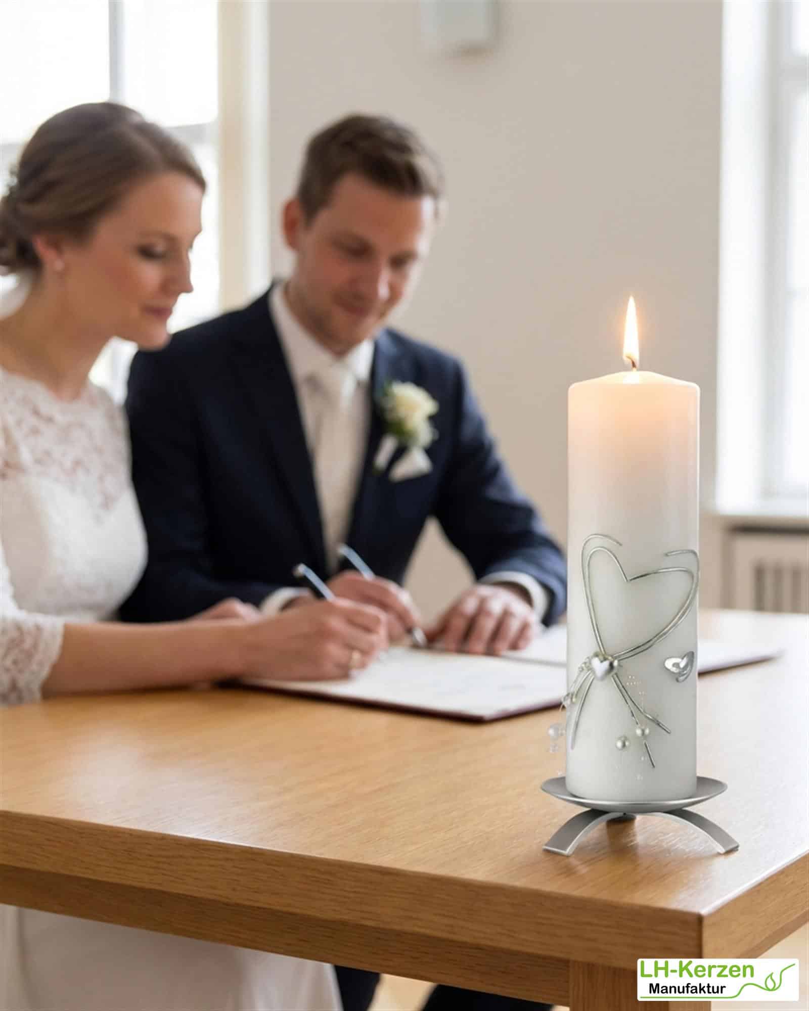 HK1077_Hochzeitskerze modern mit silbernem Doppelherz und Perlen
