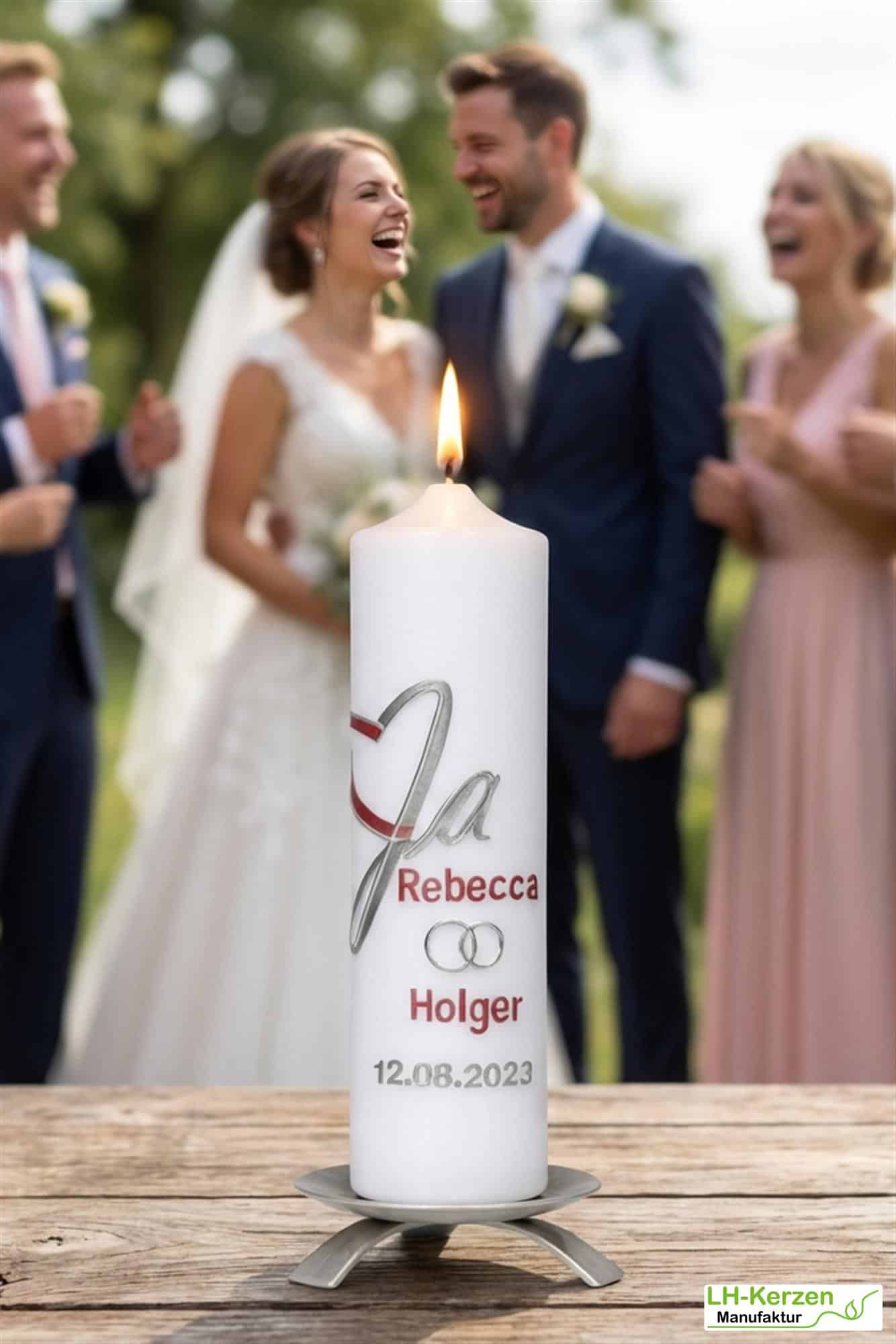 Modernes Ja – handveredelte Hochzeitskerze mit Herz & Ringen – personalisierbar