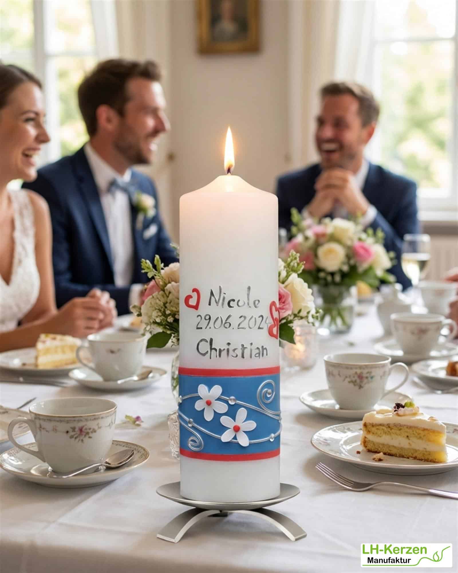 Hochzeitskerze mit weißen Blumen, blauem Band und Ringen