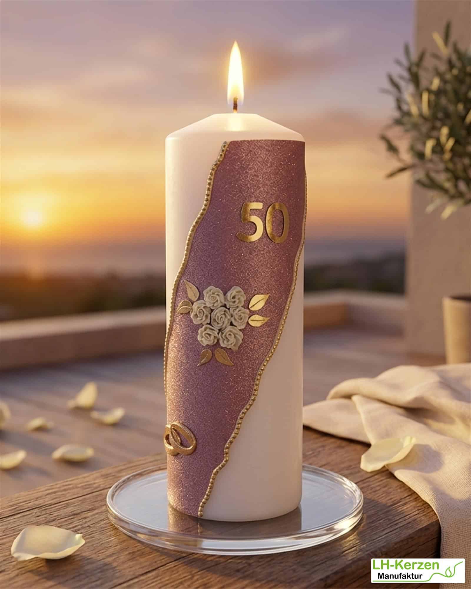 Goldhochzeitskerze in elfenbein, altrosa-gold verziert