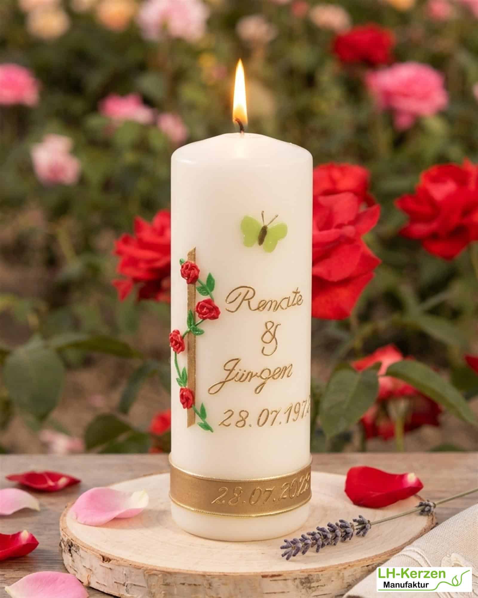 Rubinhochzeitskerze, rot-silber verziert