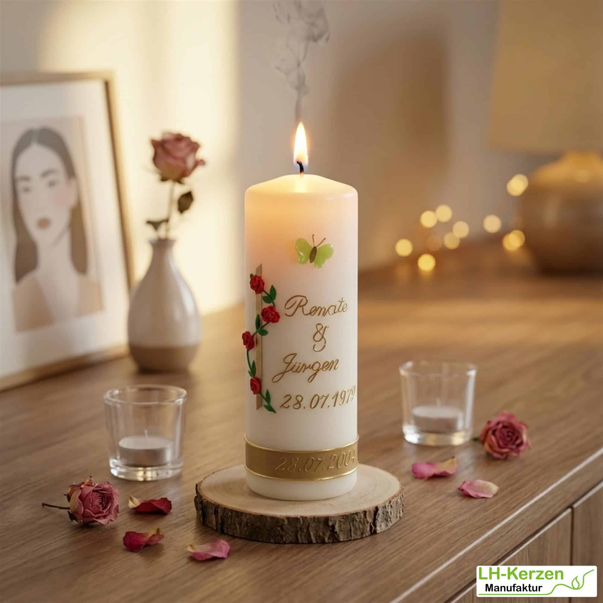 Rubinhochzeitskerze, rot-silber verziert