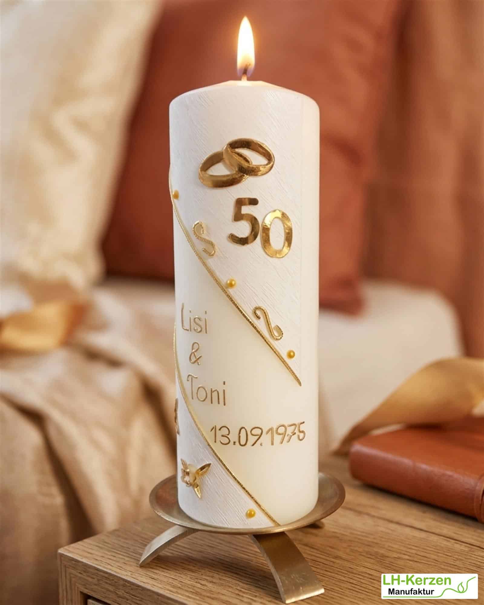 Goldhochzeitskerze elfenbein, weiß-gold verziert
