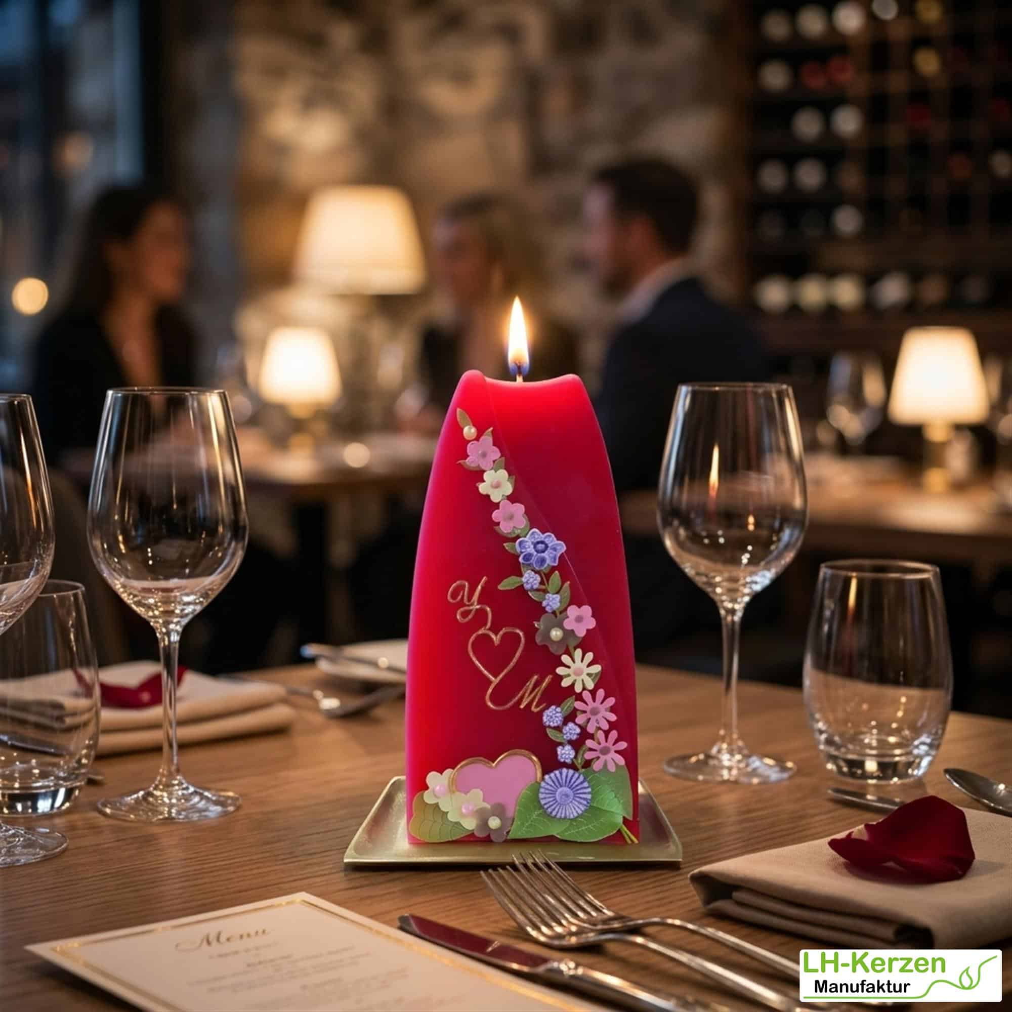 Hochzeitstagskerze – Formenkerze in rot mit bunter Blumenranke