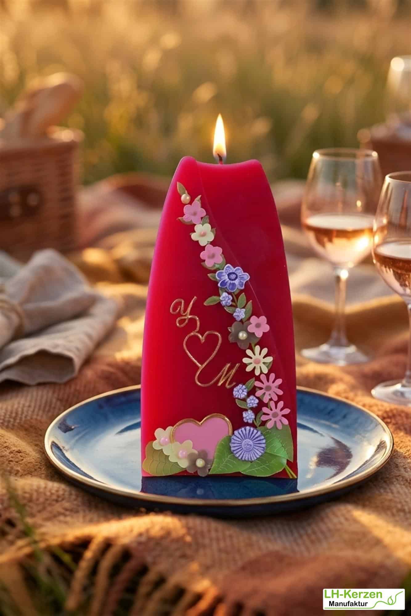 Hochzeitstagskerze – Formenkerze in rot mit bunter Blumenranke