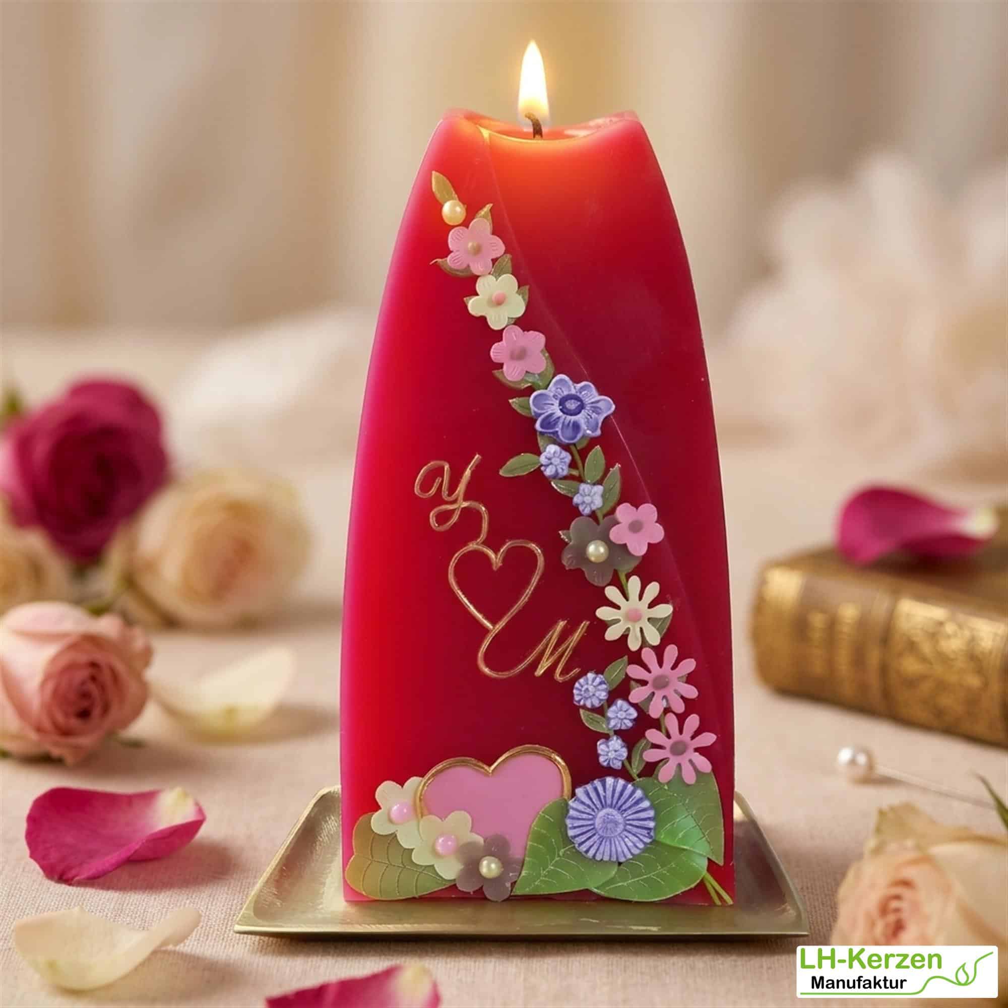 Hochzeitstagskerze – Formenkerze in rot mit bunter Blumenranke