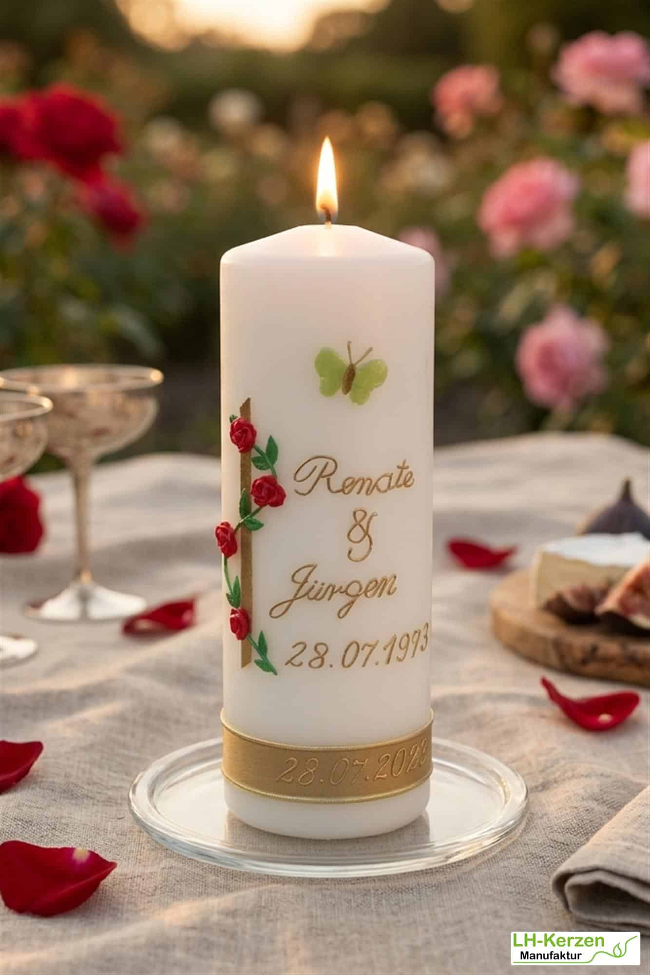 Kerze zur Goldhochzeit in elfenbein mit Rosenranke