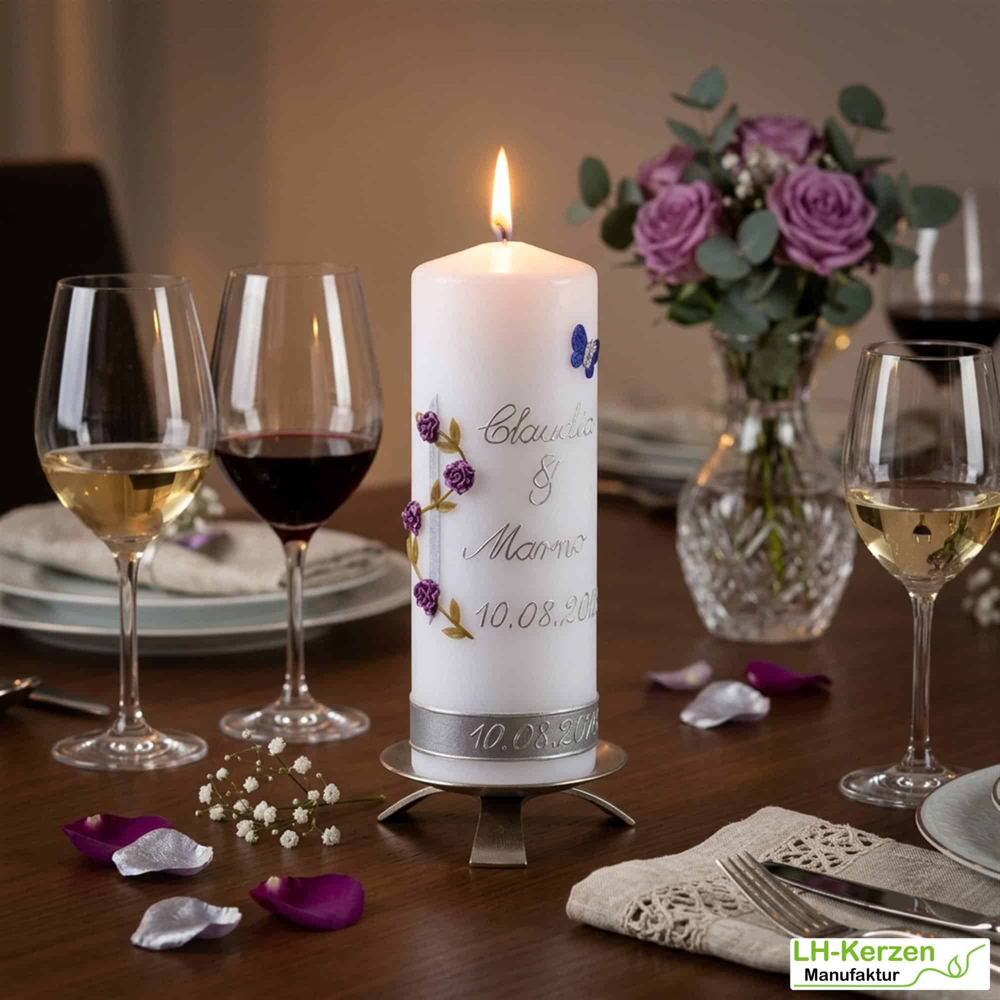 Hochzeitstagskerze mit Rosenranke und Schmetterling, Geschenk Hochzeitstag, Hochzeitstagsgeschenk