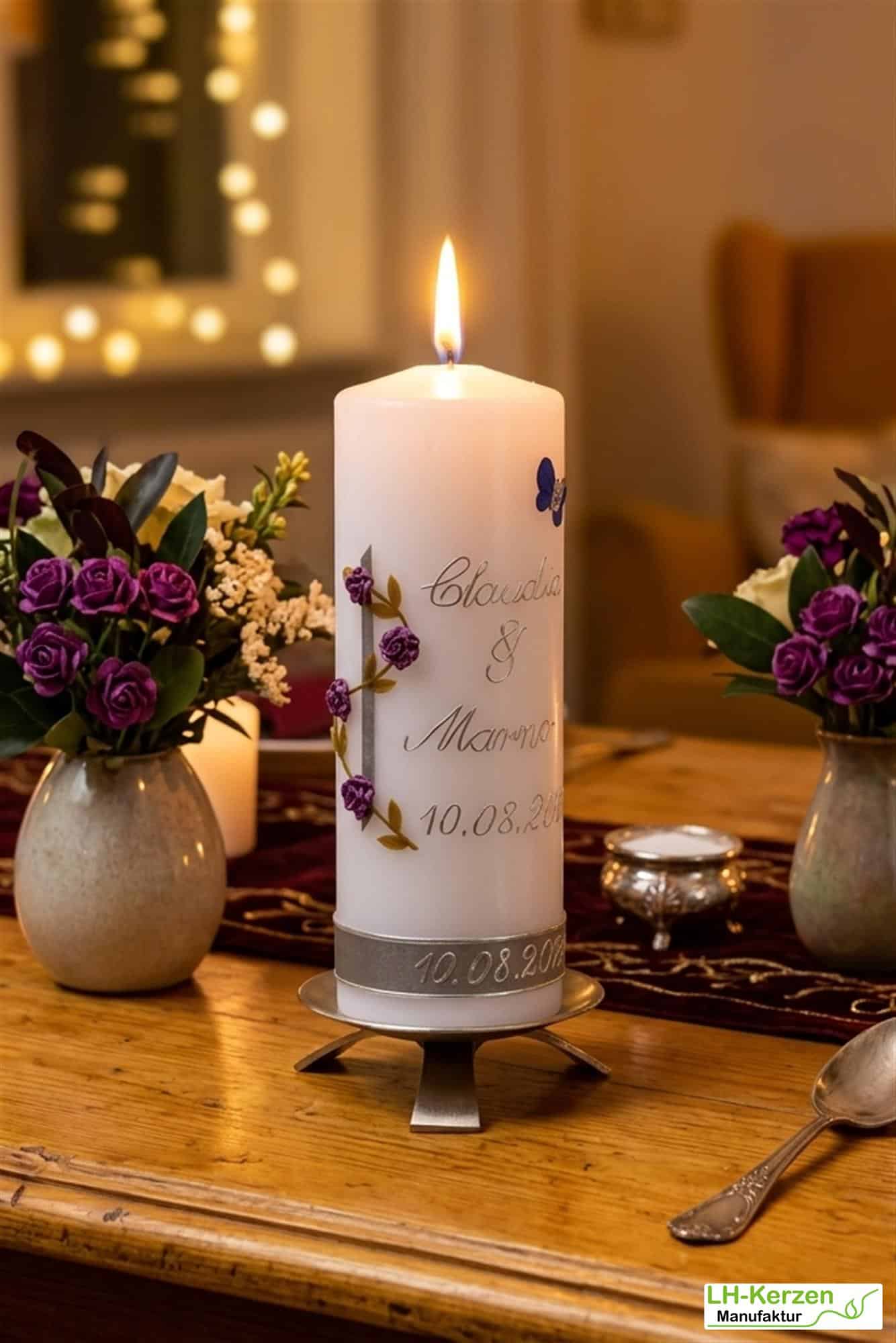 Hochzeitstagskerze mit Rosenranke und Schmetterling, Geschenk Hochzeitstag, Hochzeitstagsgeschenk