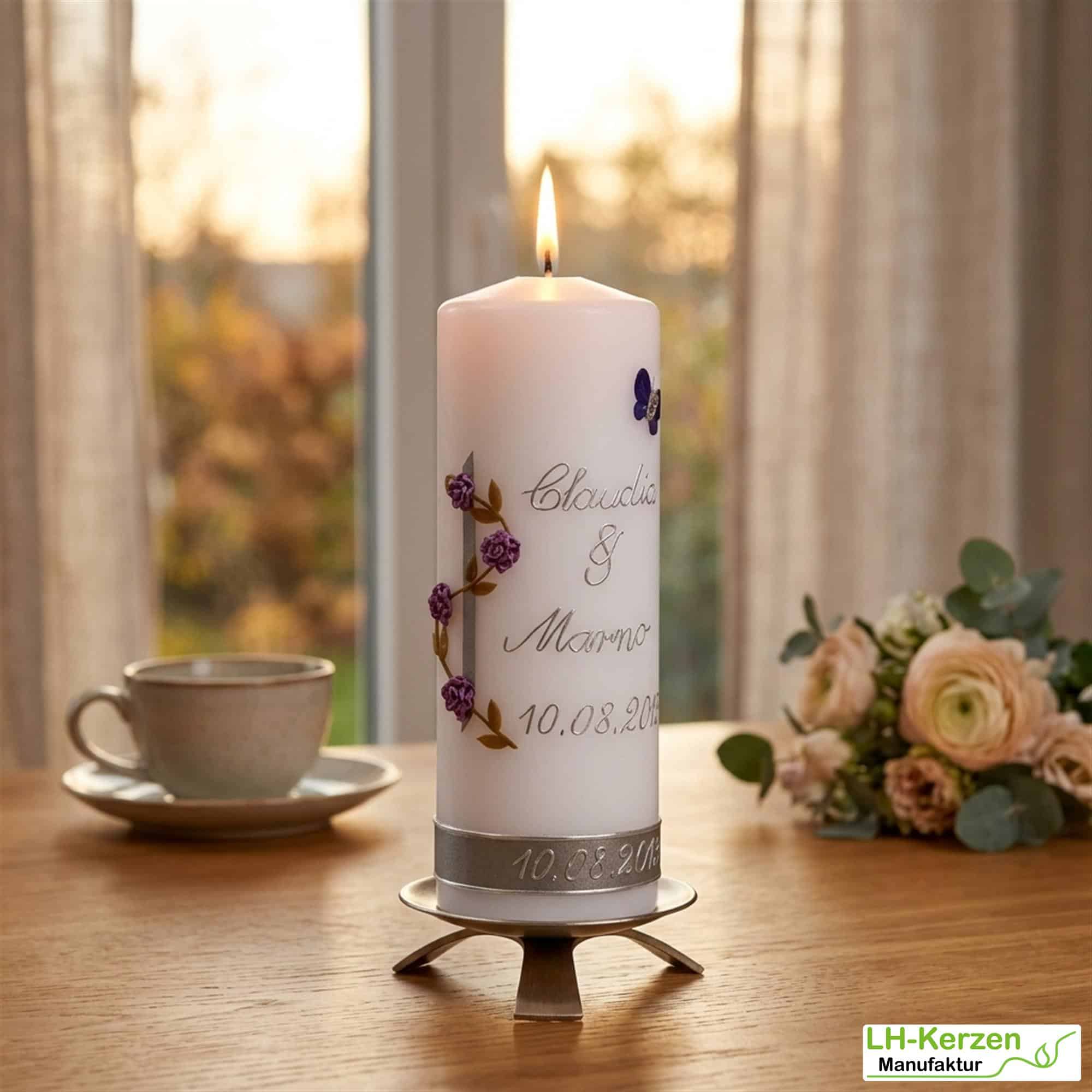 Hochzeitstagskerze mit Rosenranke und Schmetterling, Geschenk Hochzeitstag, Hochzeitstagsgeschenk