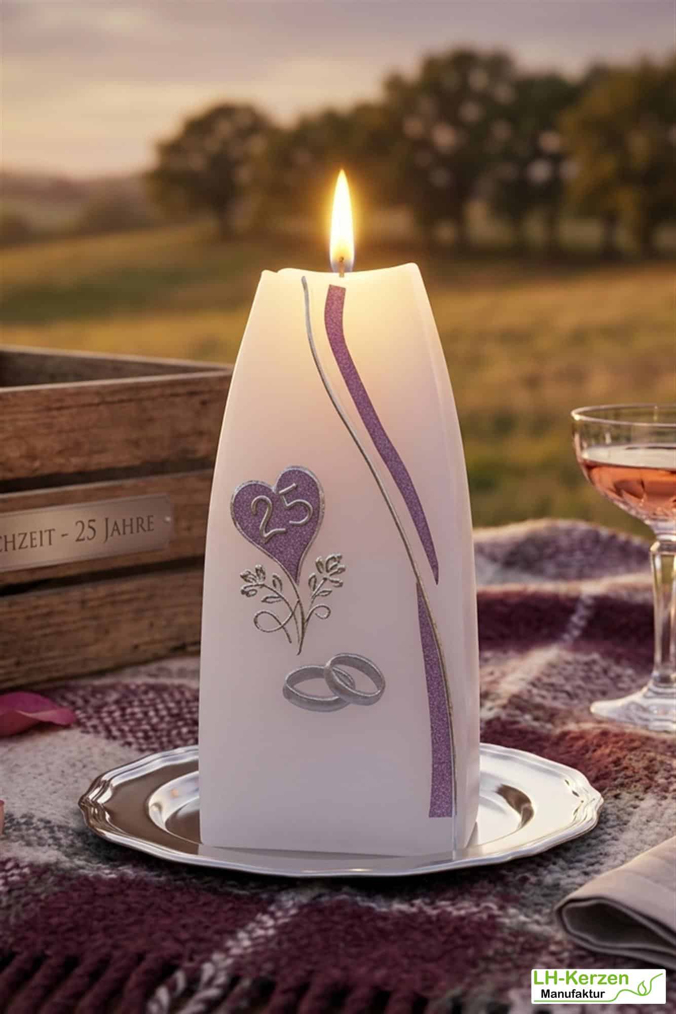 Silberhochzeitskerze Brombere silber verziert, Formenkerze Doppelbogen