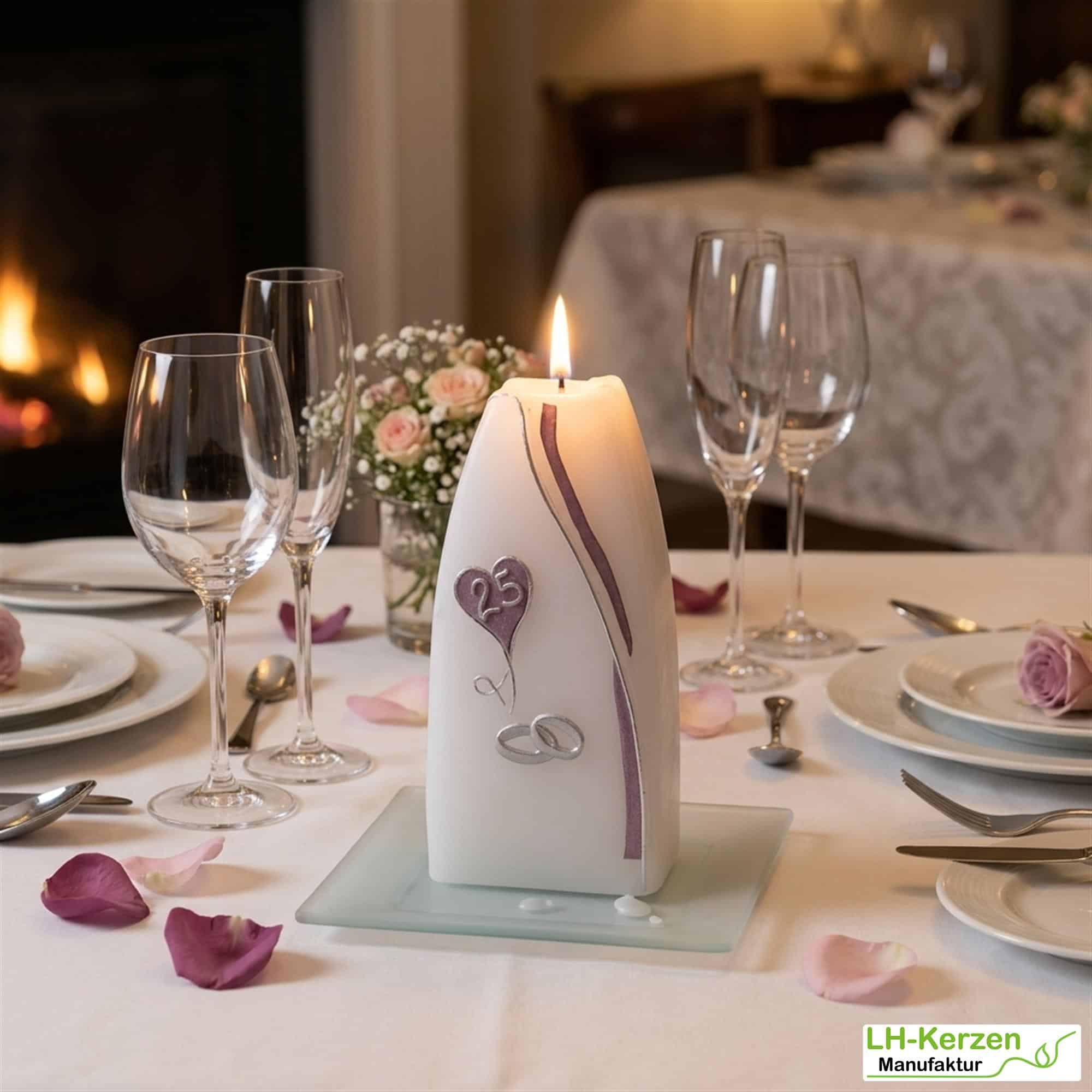 Silberhochzeitskerze Brombere silber verziert, Formenkerze Doppelbogen