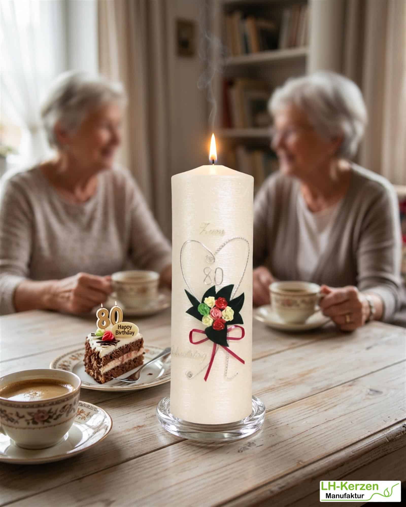 weiße Geburtstagskerze mit Herz und Rosenstrauß, Teelichteinsatz und Perlmutt-Oberfläche