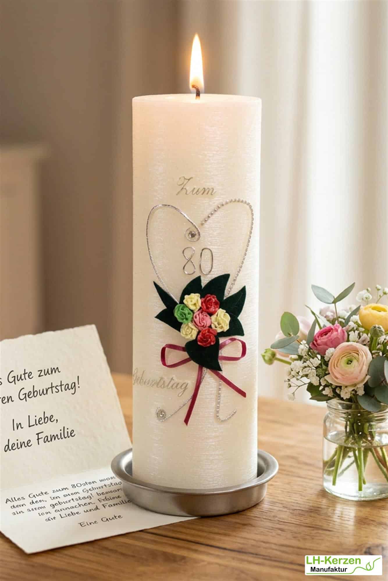 weiße Geburtstagskerze mit Herz und Rosenstrauß, Teelichteinsatz und Perlmutt-Oberfläche