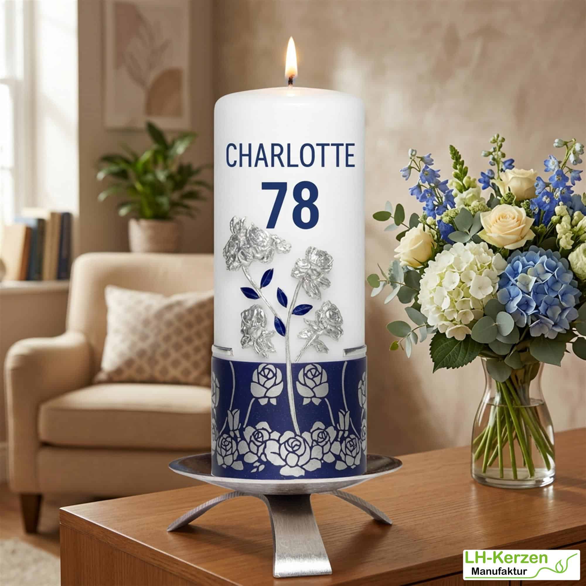 Geburtstagskerze mit silbernen Rosen – edles Geschenk für Senioren, Oma & Opa
