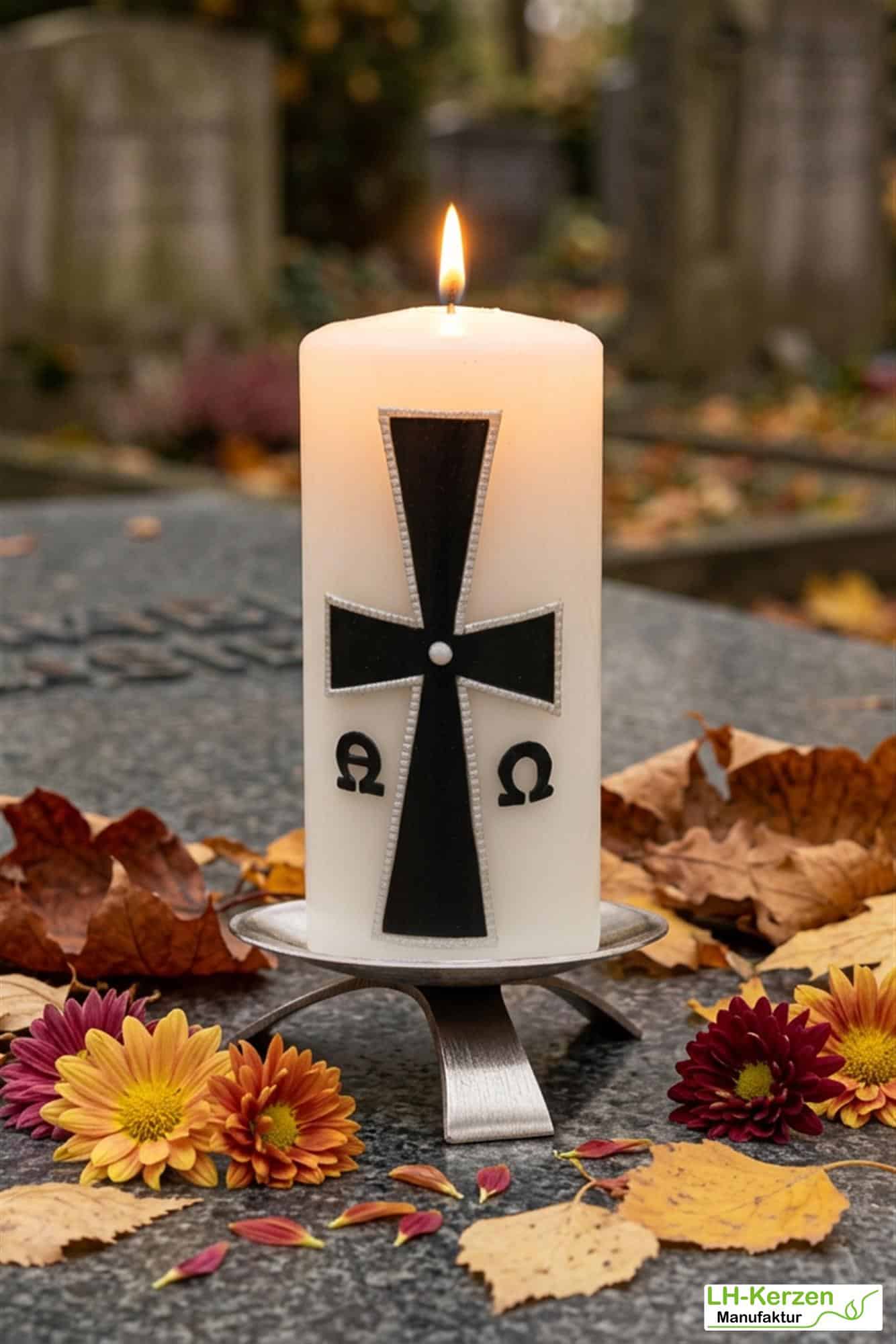 weiße Trauerkerze mit Kreuz, schwarz/silber verziert