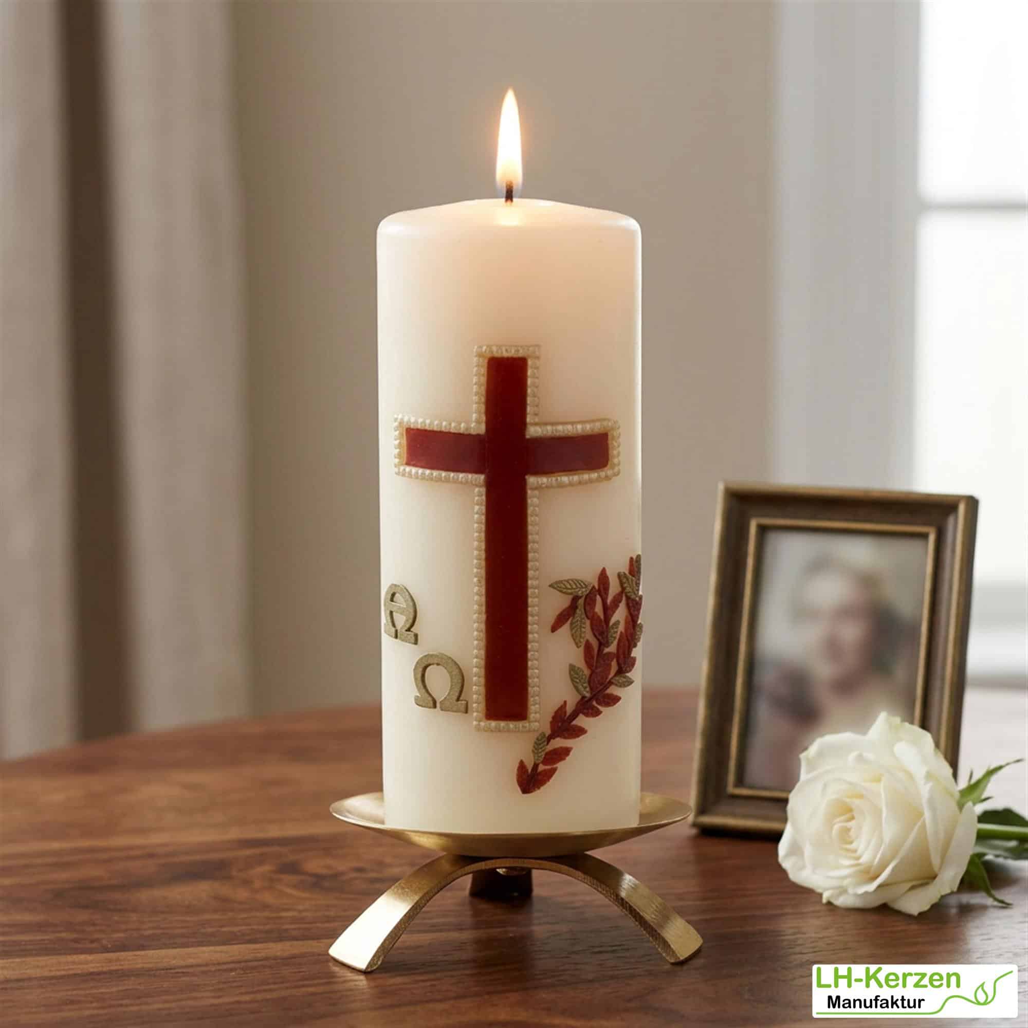 Gedenkkerze in creme mit Alpha - Omega braun/gold verziert