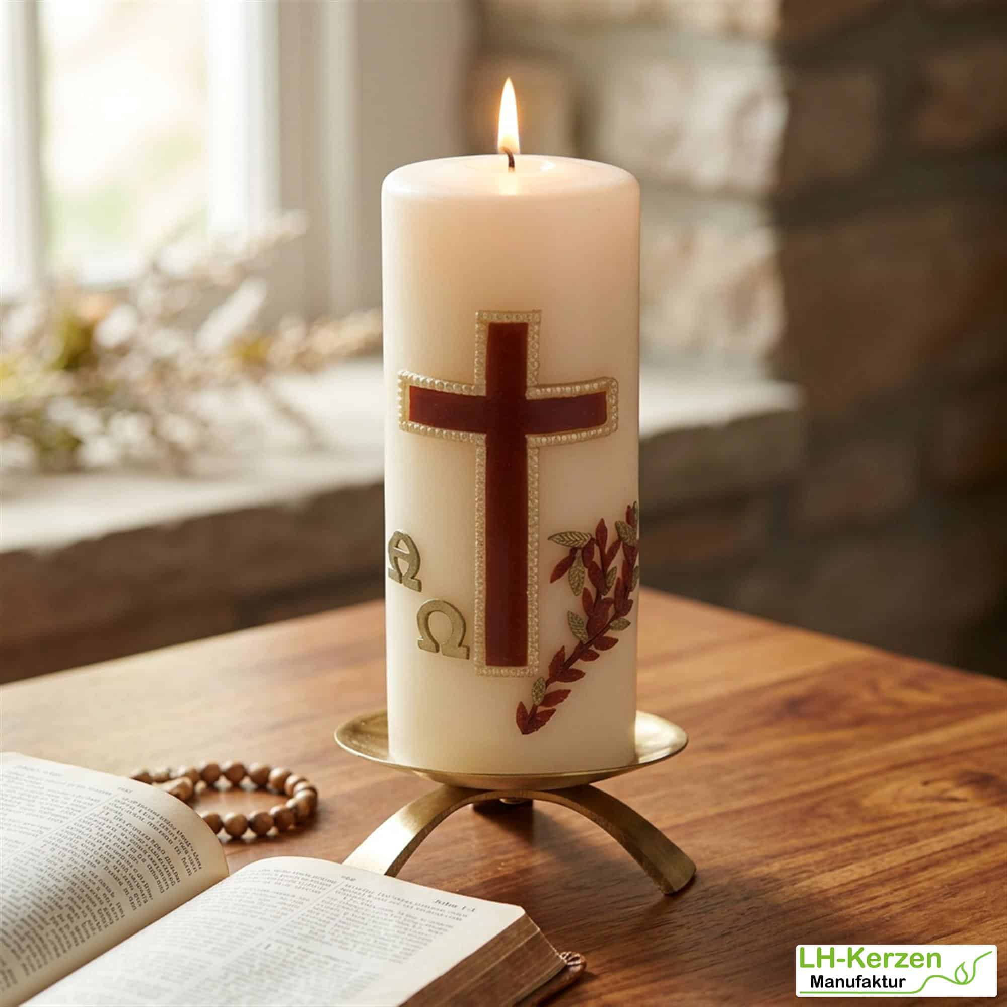 Gedenkkerze in creme mit Alpha - Omega braun/gold verziert