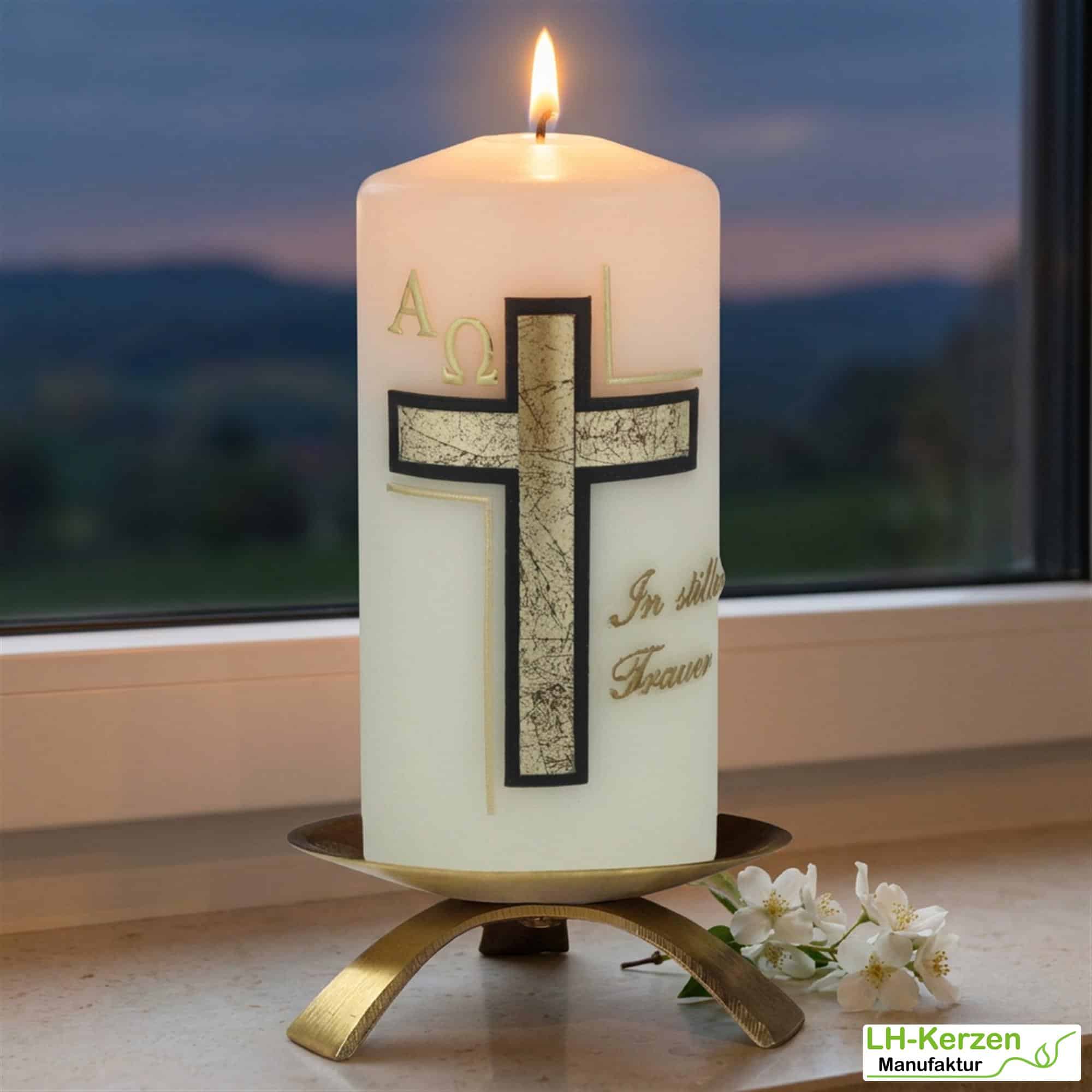 Trauerkerze klein in elfenbein In stiller Trauer, schwarz/gold, Echtwachsbeschriftung