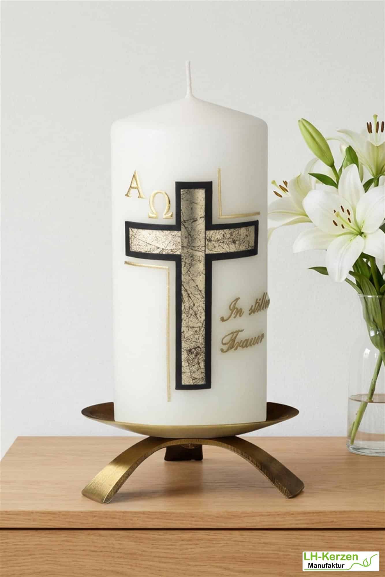 Trauerkerze klein in elfenbein In stiller Trauer, schwarz/gold, Echtwachsbeschriftung