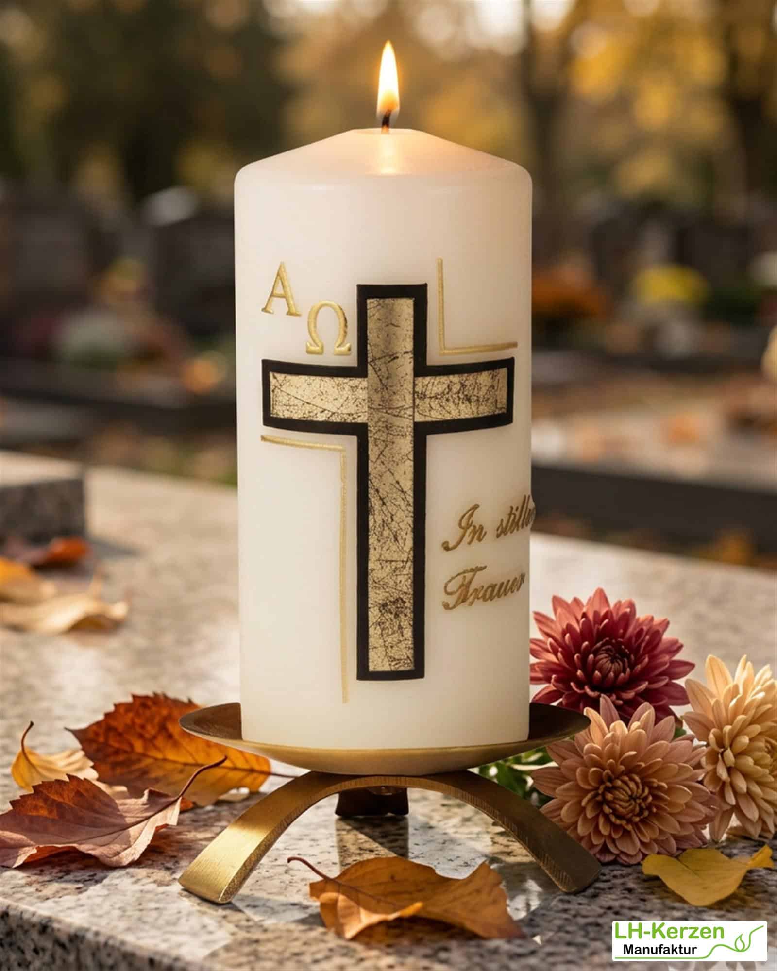Trauerkerze klein in elfenbein In stiller Trauer, schwarz/gold, Echtwachsbeschriftung