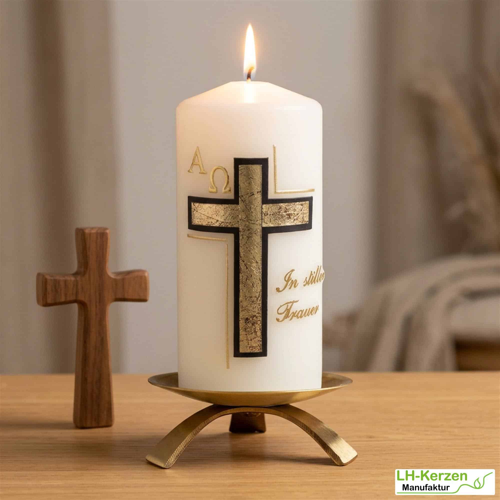 Trauerkerze klein in elfenbein In stiller Trauer, schwarz/gold, Echtwachsbeschriftung