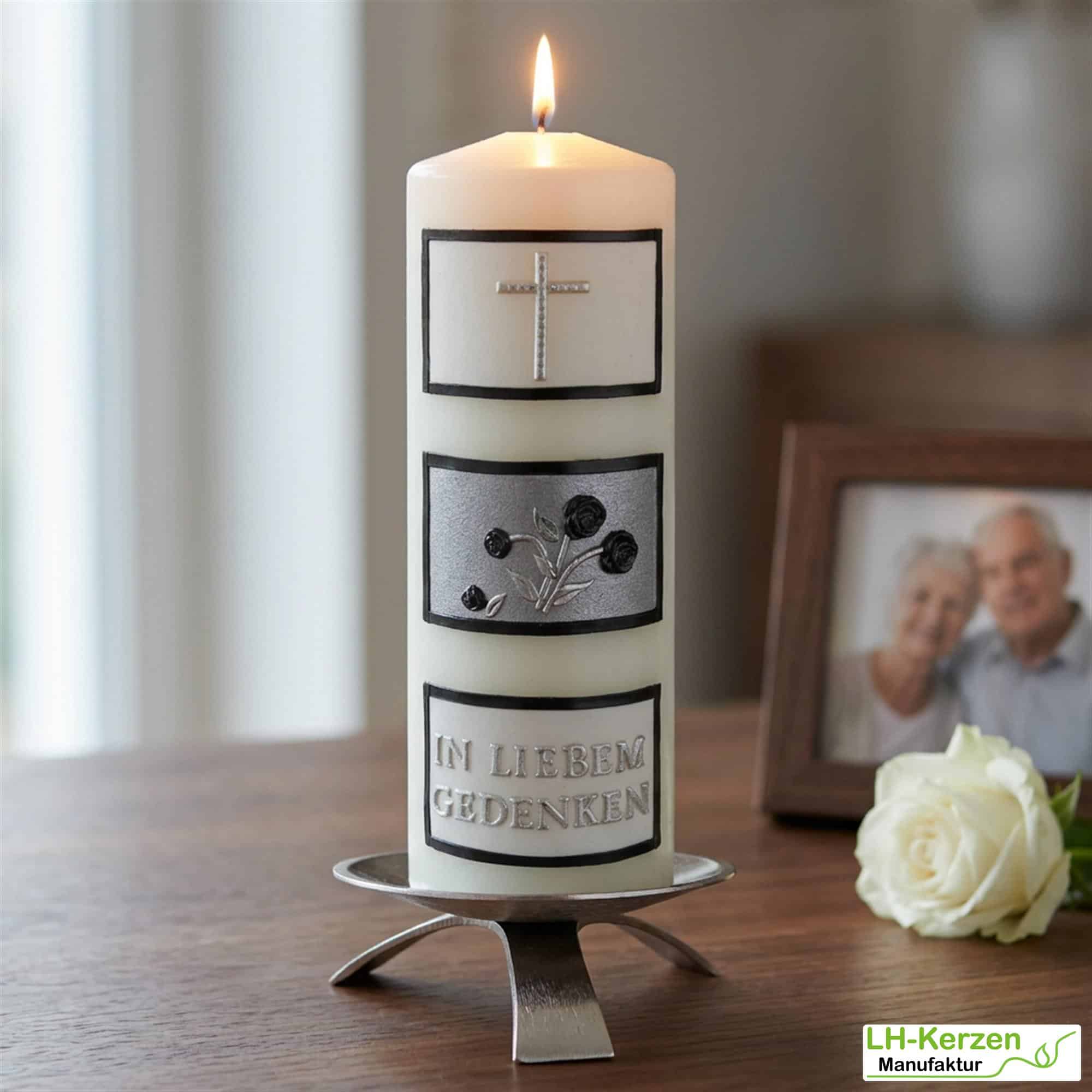Schlichte Trauerkerze in elfenbein "In liebem Gedenken" mit Kacheln, silber, Echtwachsbeschriftung