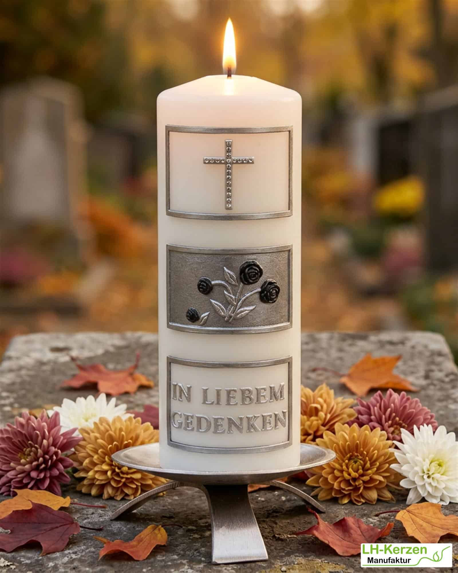 Schlichte Trauerkerze in elfenbein "In liebem Gedenken" mit Kacheln, silber, Echtwachsbeschriftung