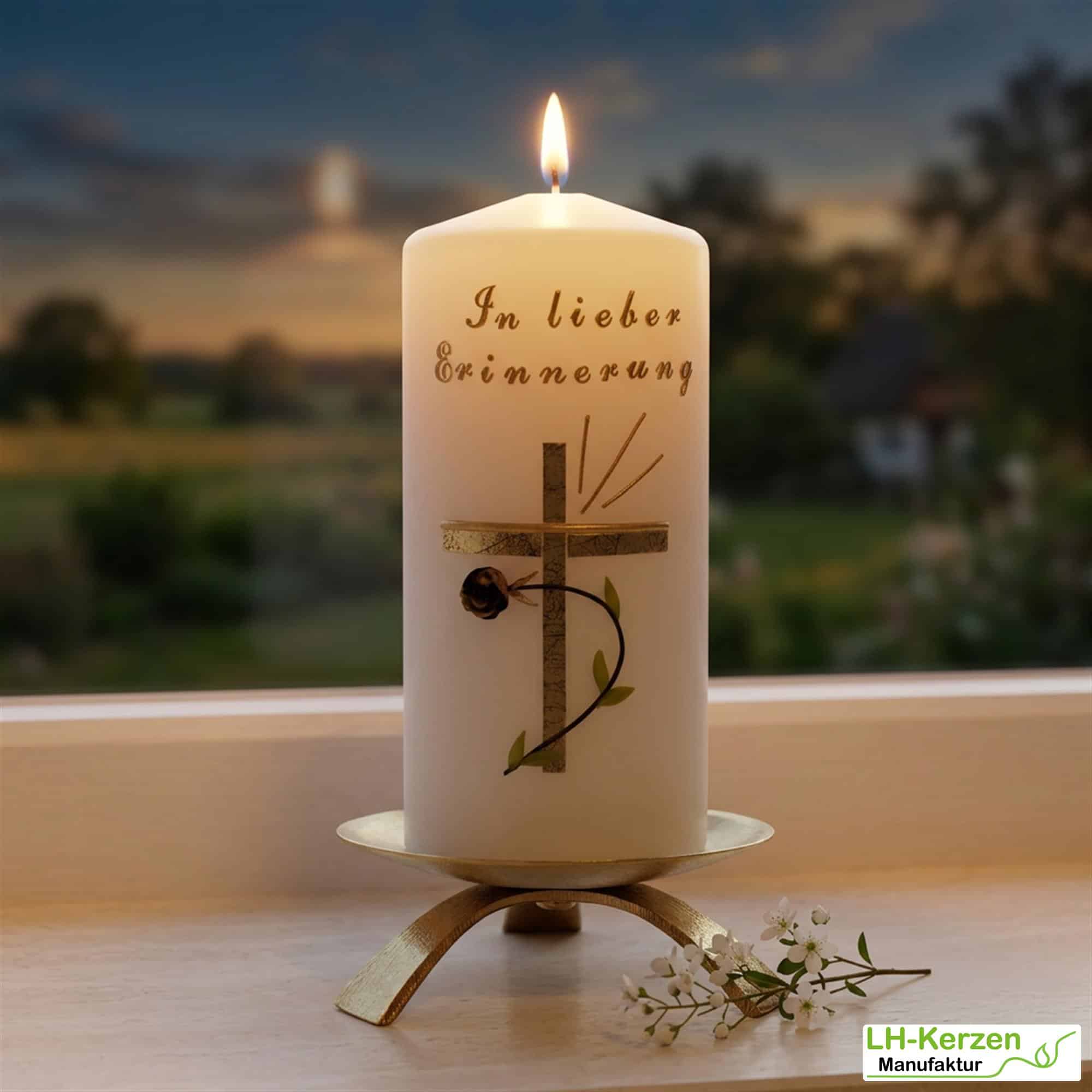 Trauerkerze klein in elfenbein In lieber Erinnerung, gold/schwarz, Echtwachsbeschriftung