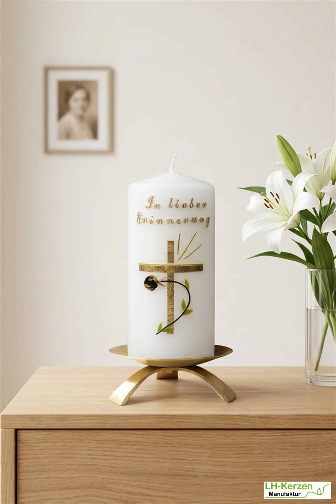 Trauerkerze klein in elfenbein In lieber Erinnerung, gold/schwarz, Echtwachsbeschriftung