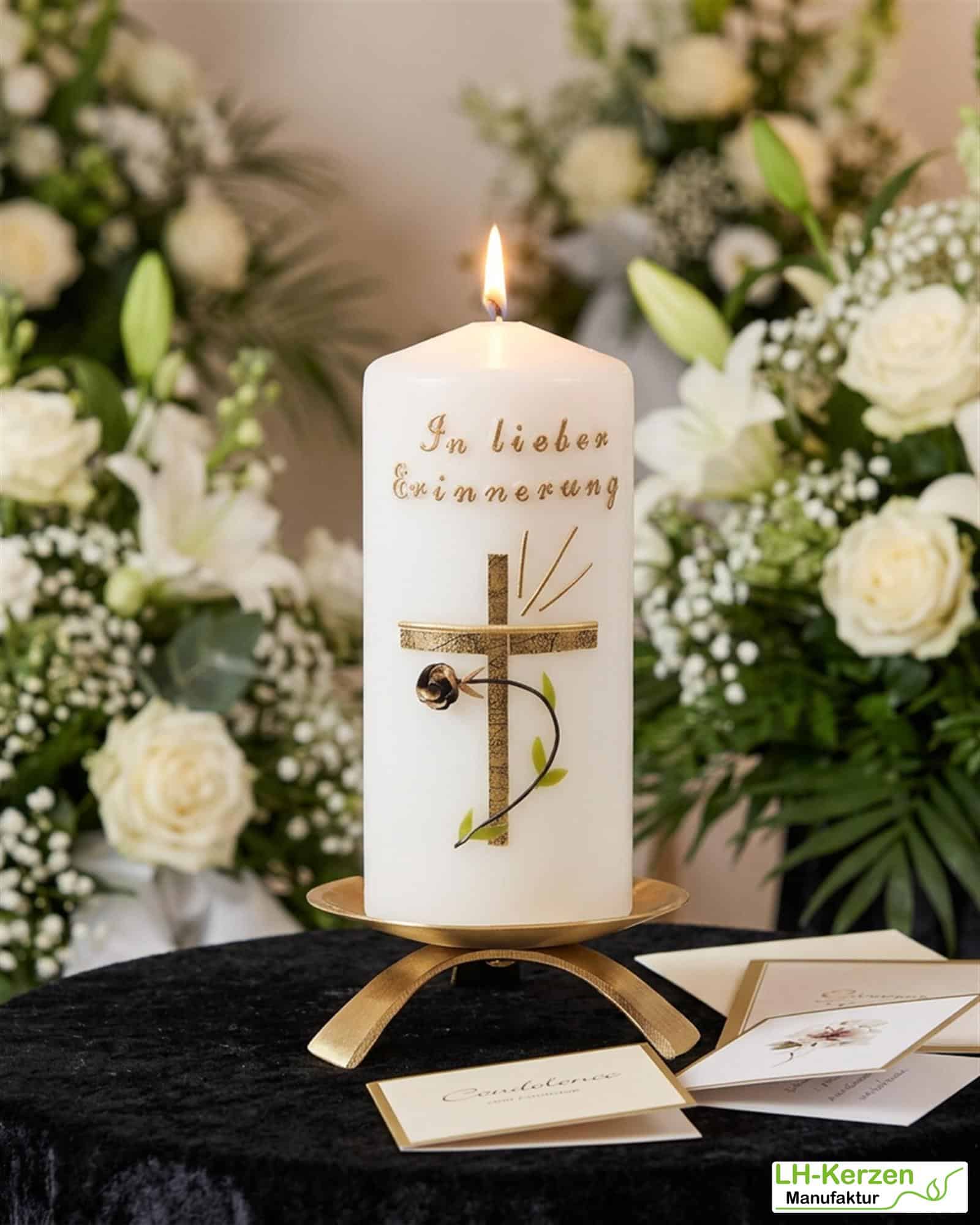 Trauerkerze klein in elfenbein In lieber Erinnerung, gold/schwarz, Echtwachsbeschriftung
