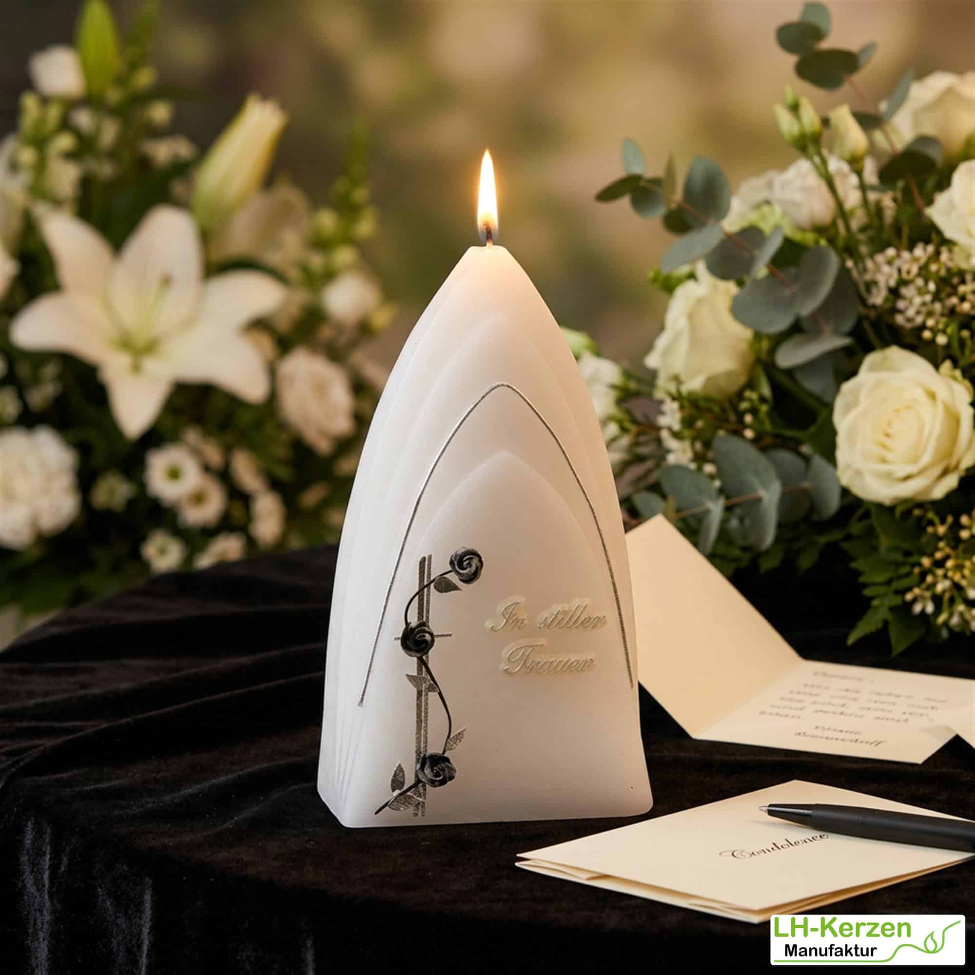 Weiße Trauerkerze In stiller Trauer mit Kreuz in antik-silber, Formkerze