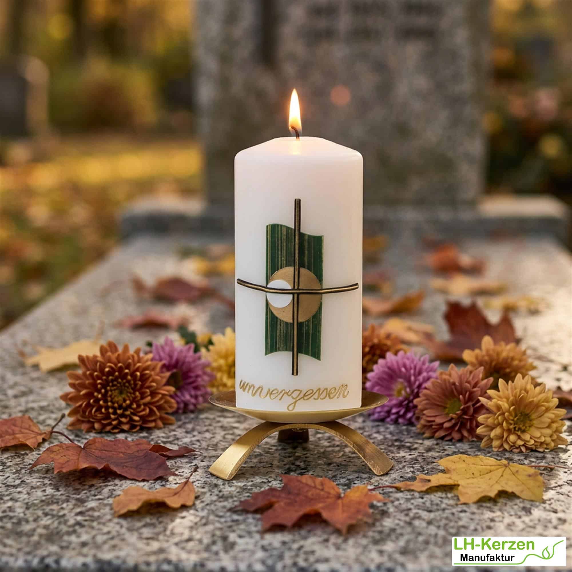 weiße, kleine Trauerkerze mit Kreuz und Echtwachsbeschriftung "unvergessen