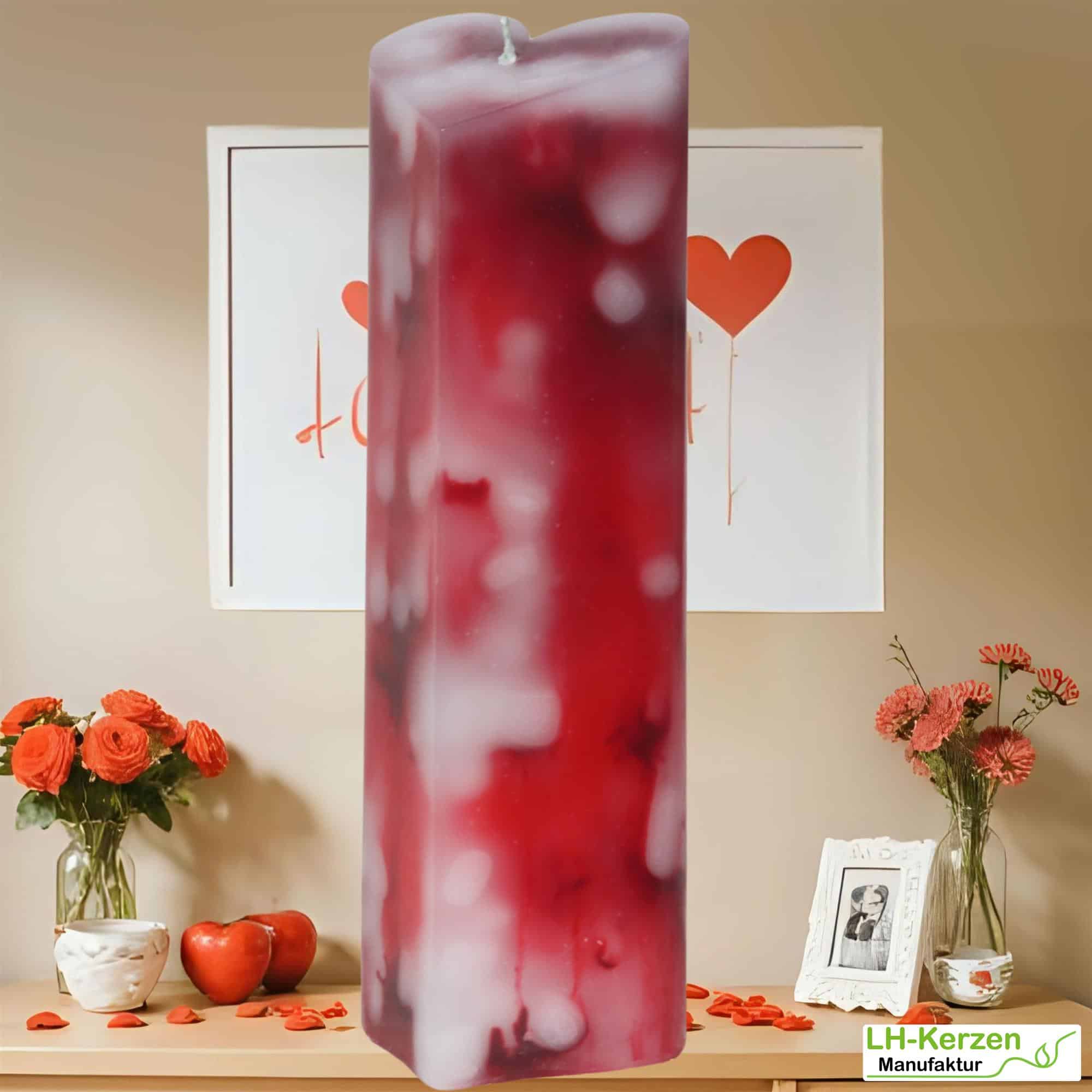 Herzkerze rot-weiß mit Farbverlauf – handgegossen & beschriftbar – romantisches Geschenk