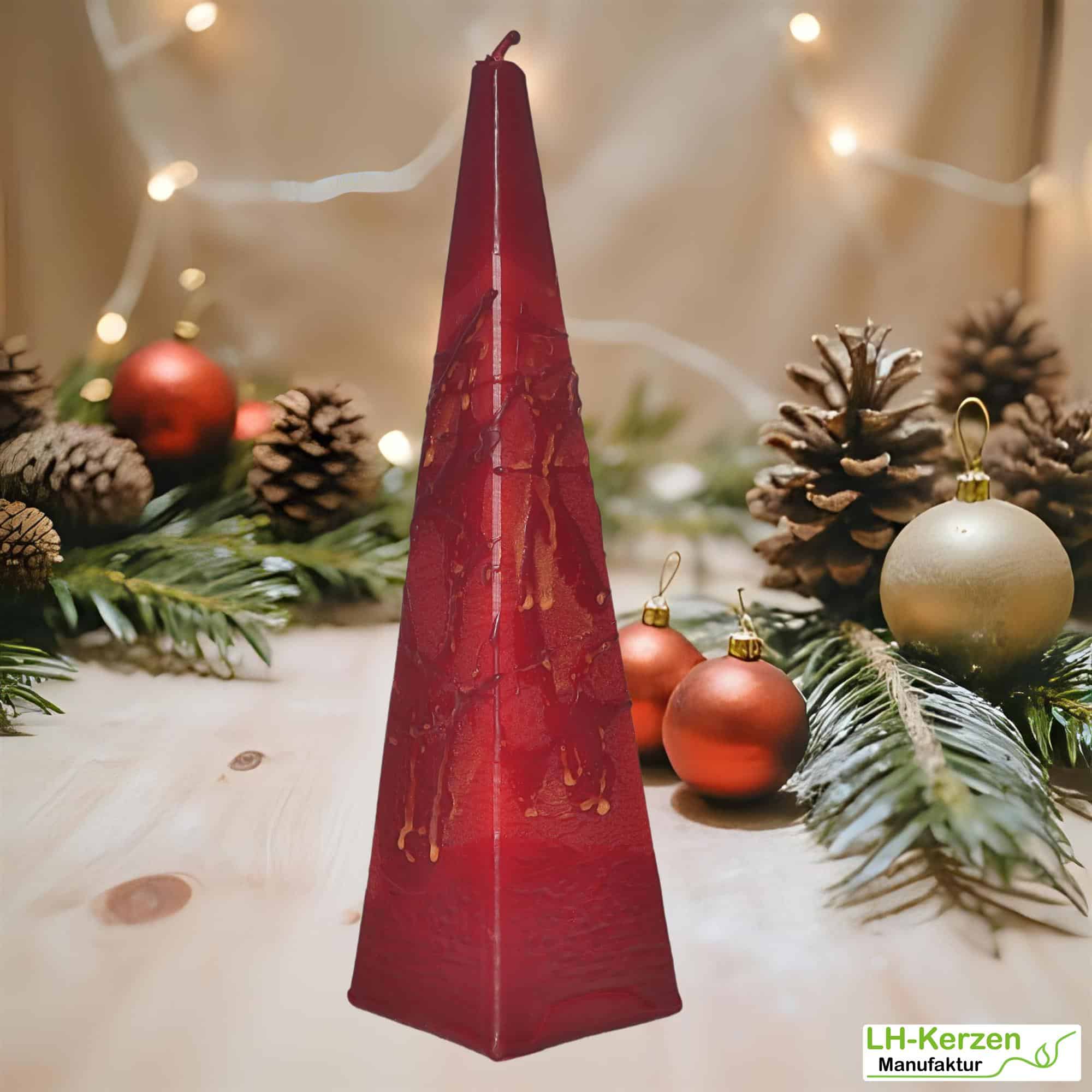 Dekorative Pyramidenkerze „FeuerGlanz“ – rot-marmorierte Kerze in außergewöhnlicher Form