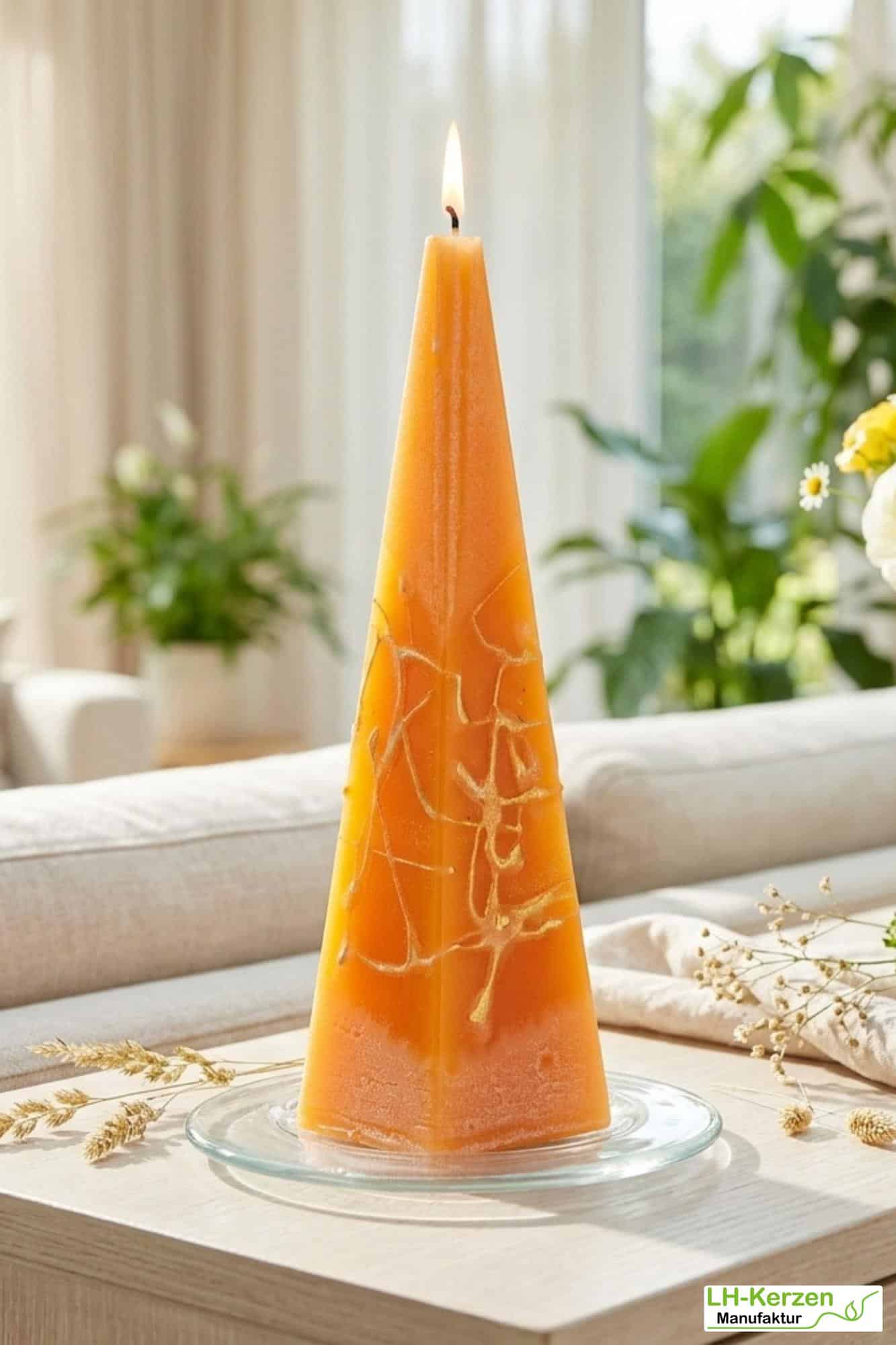 Dekorative Pyramidenkerze „SonnenGlanz“ – orange marmorierte Kerze in außergewöhnlicher Form