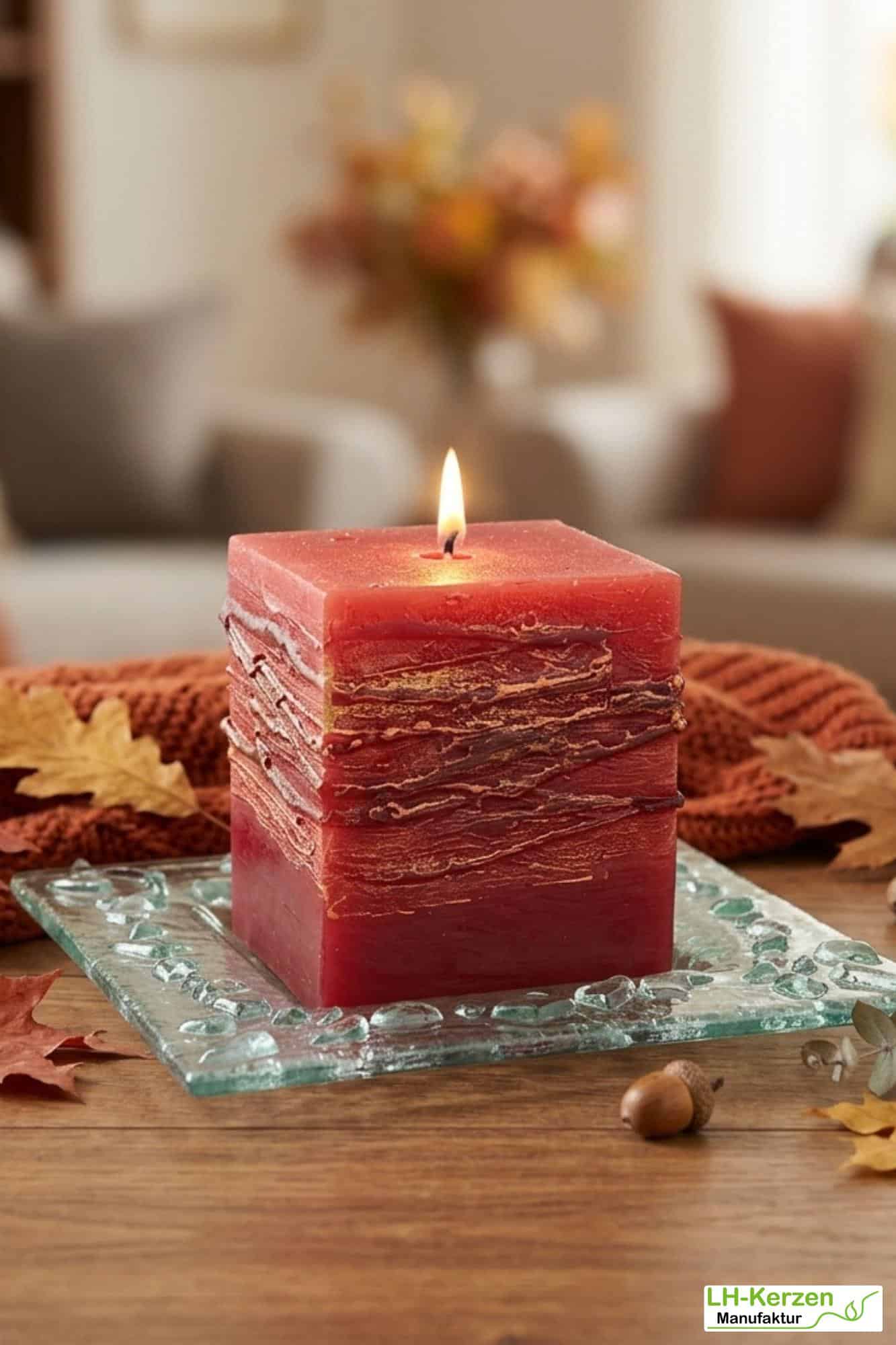 Quadratische Designkerze „FeuerGlut“ kompakt – rote Kerze mit gold-roter Struktur