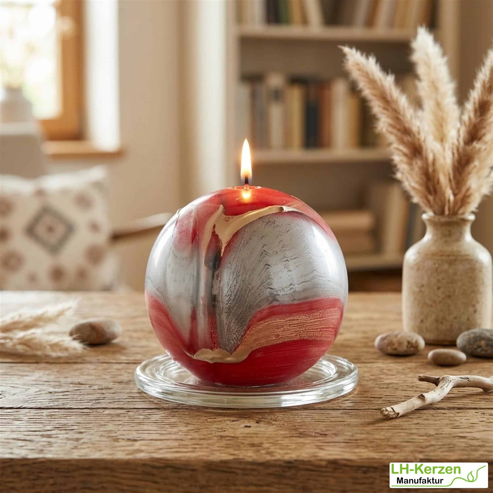Große Kugelkerze "Lido" in Rot – Elegantes Design mit edlen Goldakzenten