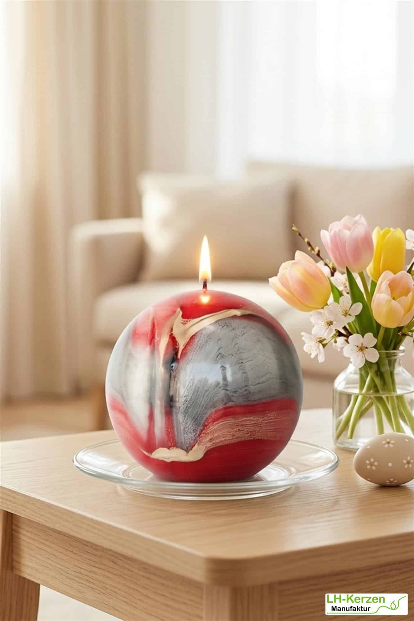 Große Kugelkerze "Lido" in Rot – Elegantes Design mit edlen Goldakzenten