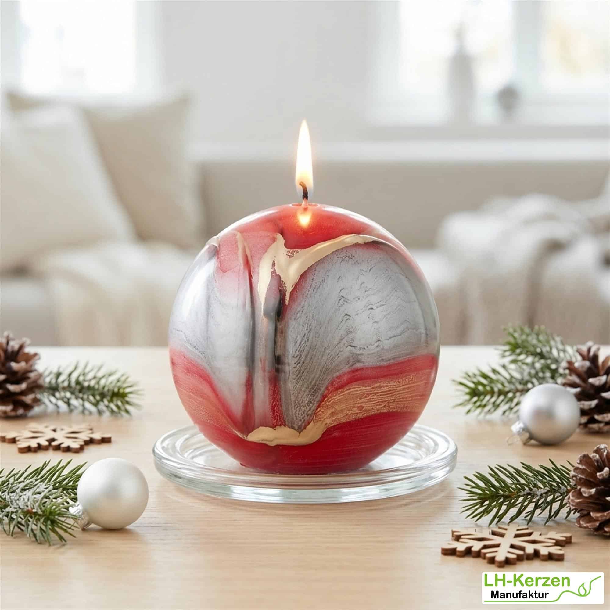 Große Kugelkerze "Lido" in Rot – Elegantes Design mit edlen Goldakzenten