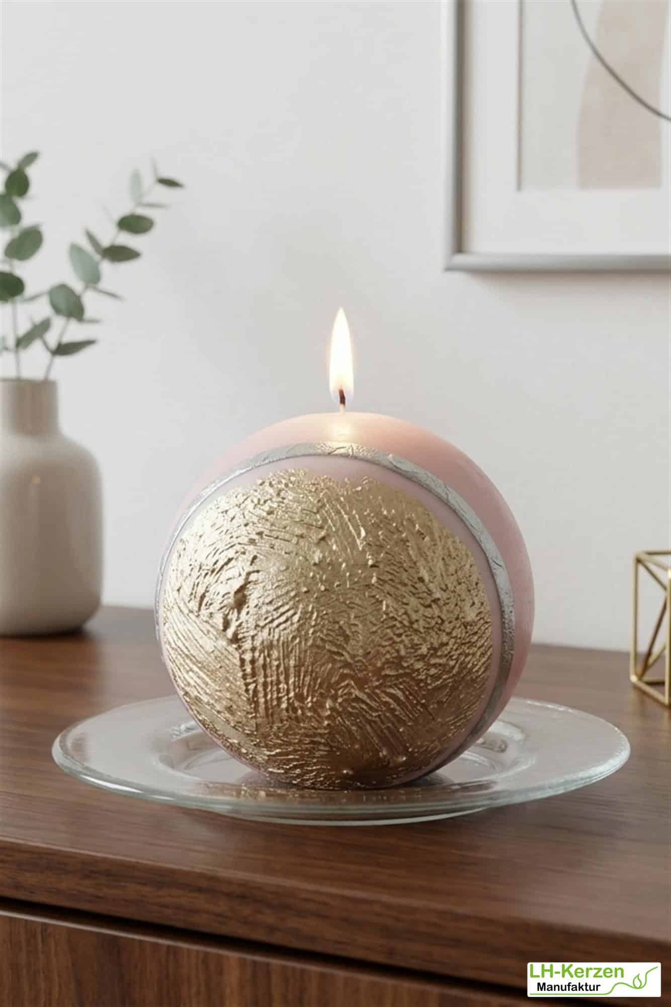 Kugelkerze 'Atica' – Edles Design, rau vergoldete Oberfläche, taupefarbene Glanzhälfte, 80 mm