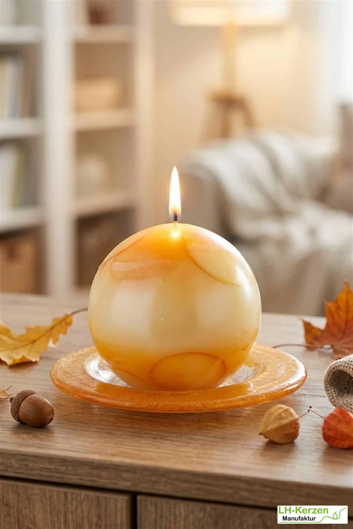 Kugelkerze in Weiß-Orange – moderne Designkerze mit sanfter Marmorierung
