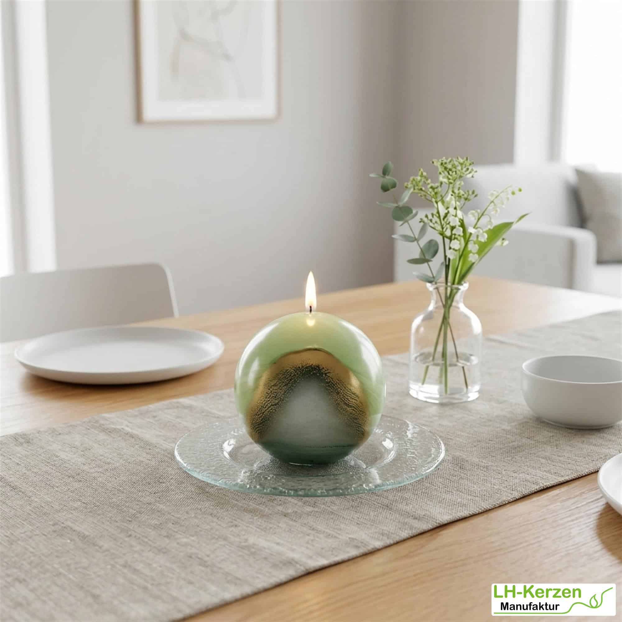 Kugelkerze „Lotus“ in Waldgrün – moderne Designkerze mit ruhiger Marmorierung