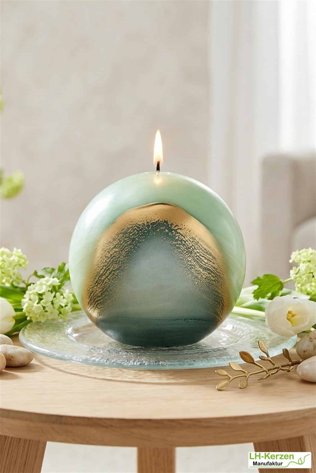 Kugelkerze „Lotus“ in Waldgrün – moderne Designkerze mit ruhiger Marmorierung