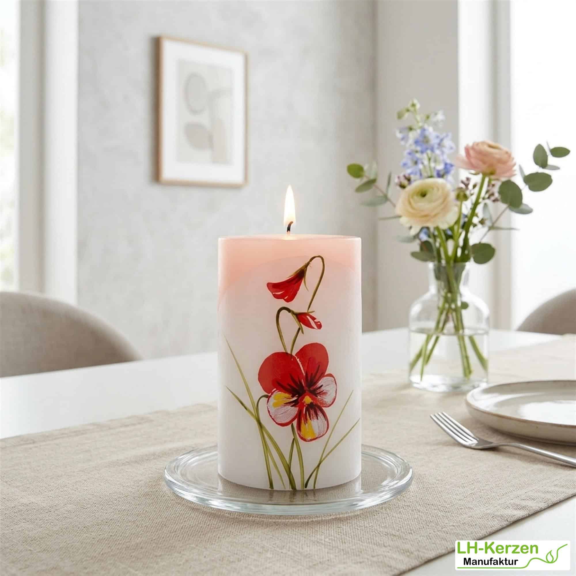 ViolaGrace – Handverzierte Stumpenkerze mit Stiefmütterchen, Rosé-Weiß, florale Designkerze
