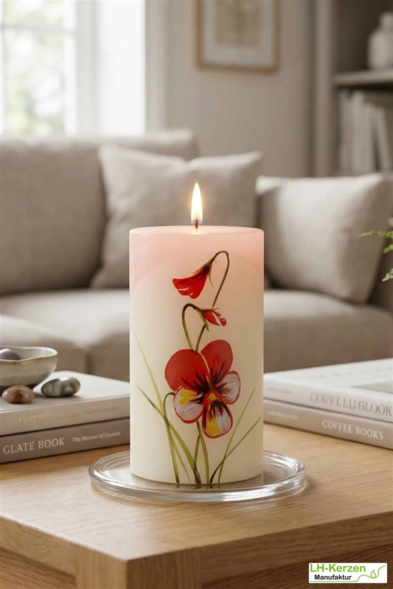 ViolaGrace – Handverzierte Stumpenkerze mit Stiefmütterchen, Rosé-Weiß, florale Designkerze