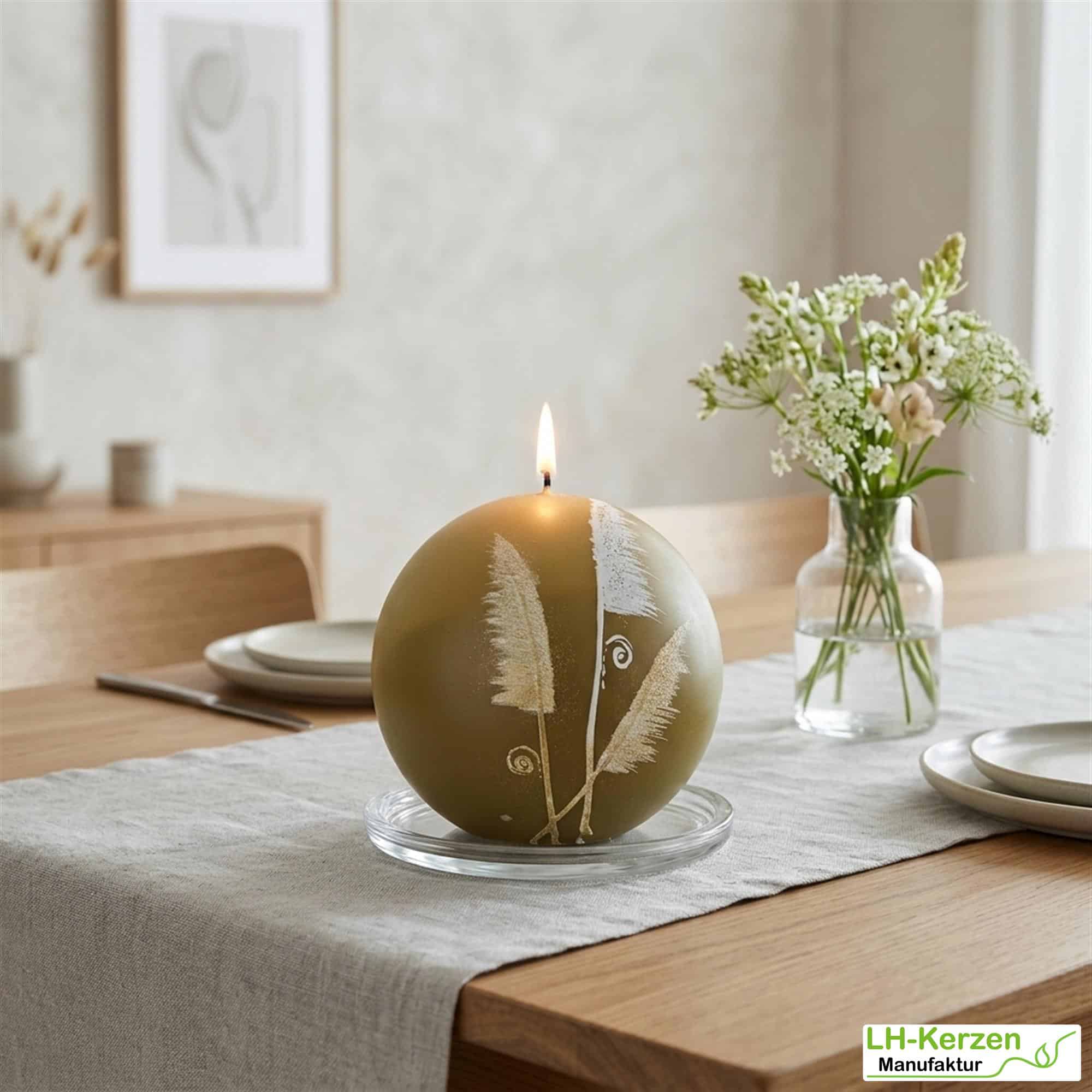 DKB1231K_Kugelkerze AuraGrace in Olivgold mit filigraner Schilfgrasverzierung