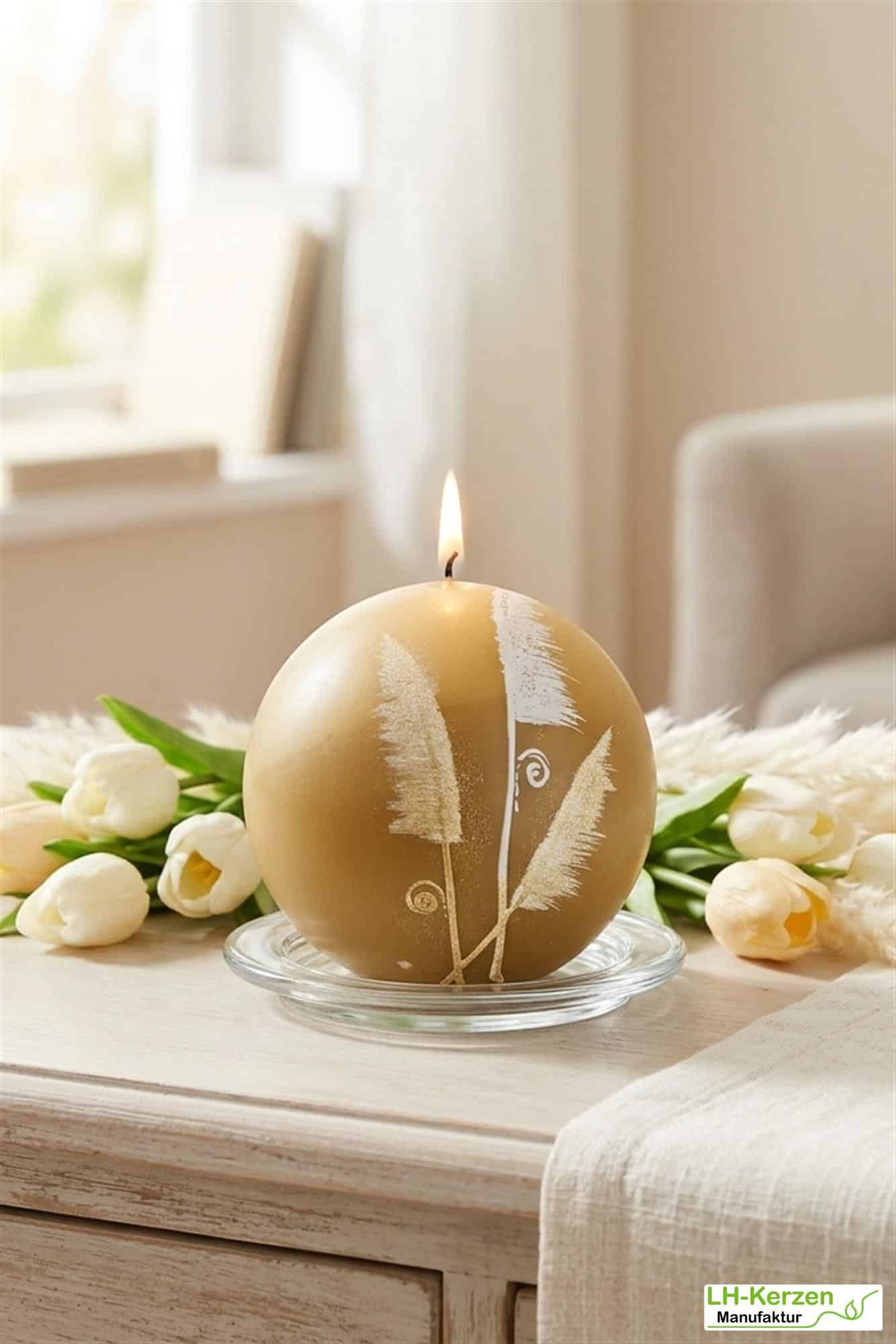 DKB1231K_Kugelkerze AuraGrace in Olivgold mit filigraner Schilfgrasverzierung