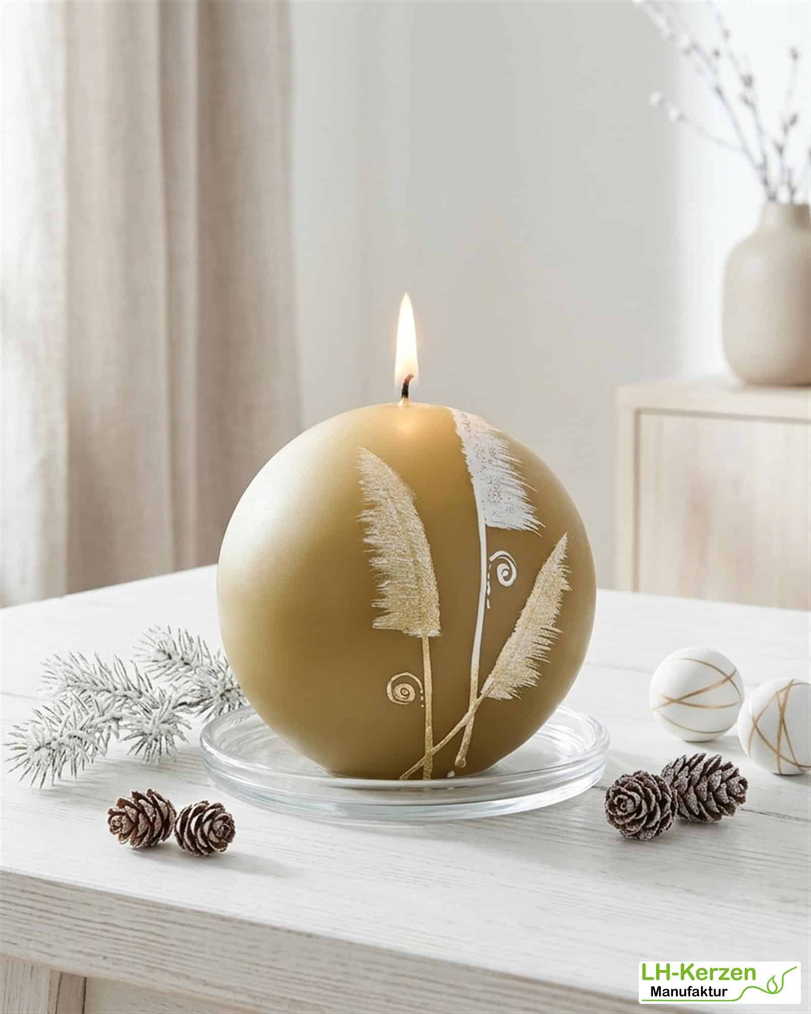 DKB1231K_Kugelkerze AuraGrace in Olivgold mit filigraner Schilfgrasverzierung