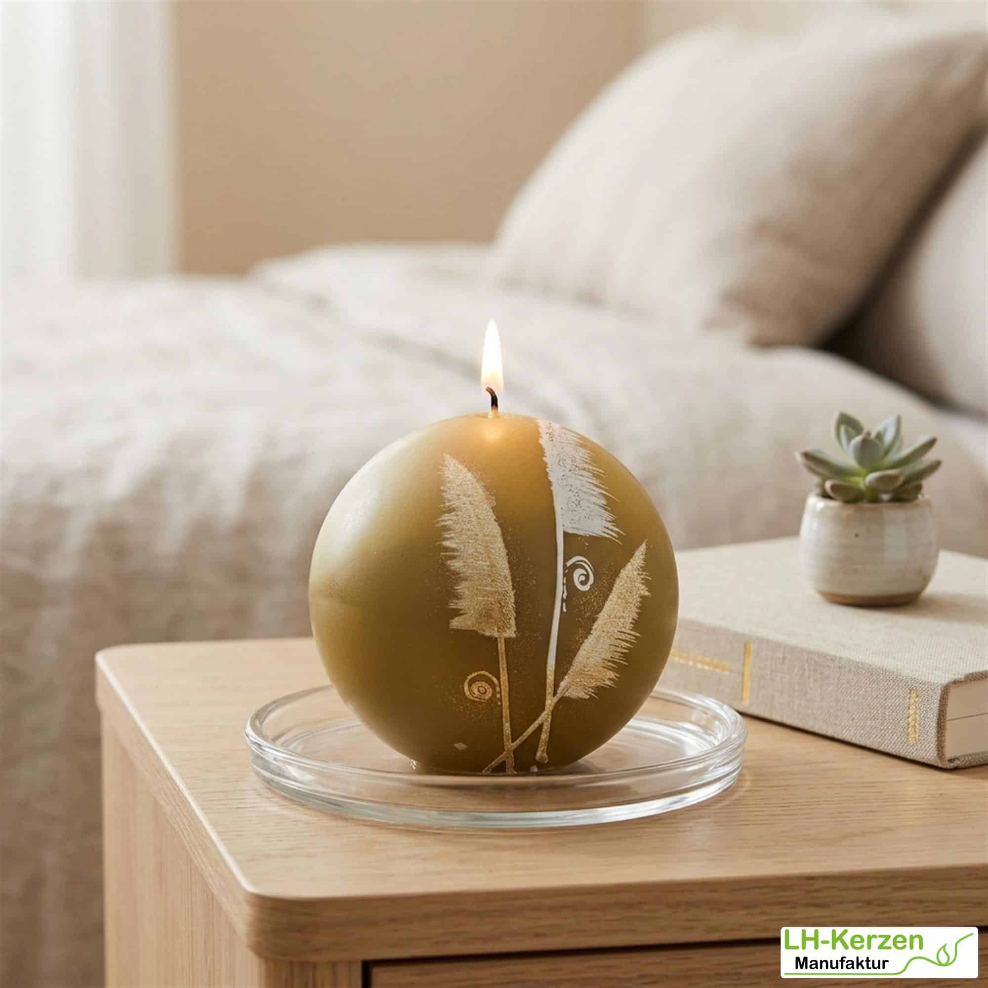 DKB1231K_Kugelkerze AuraGrace in Olivgold mit filigraner Schilfgrasverzierung